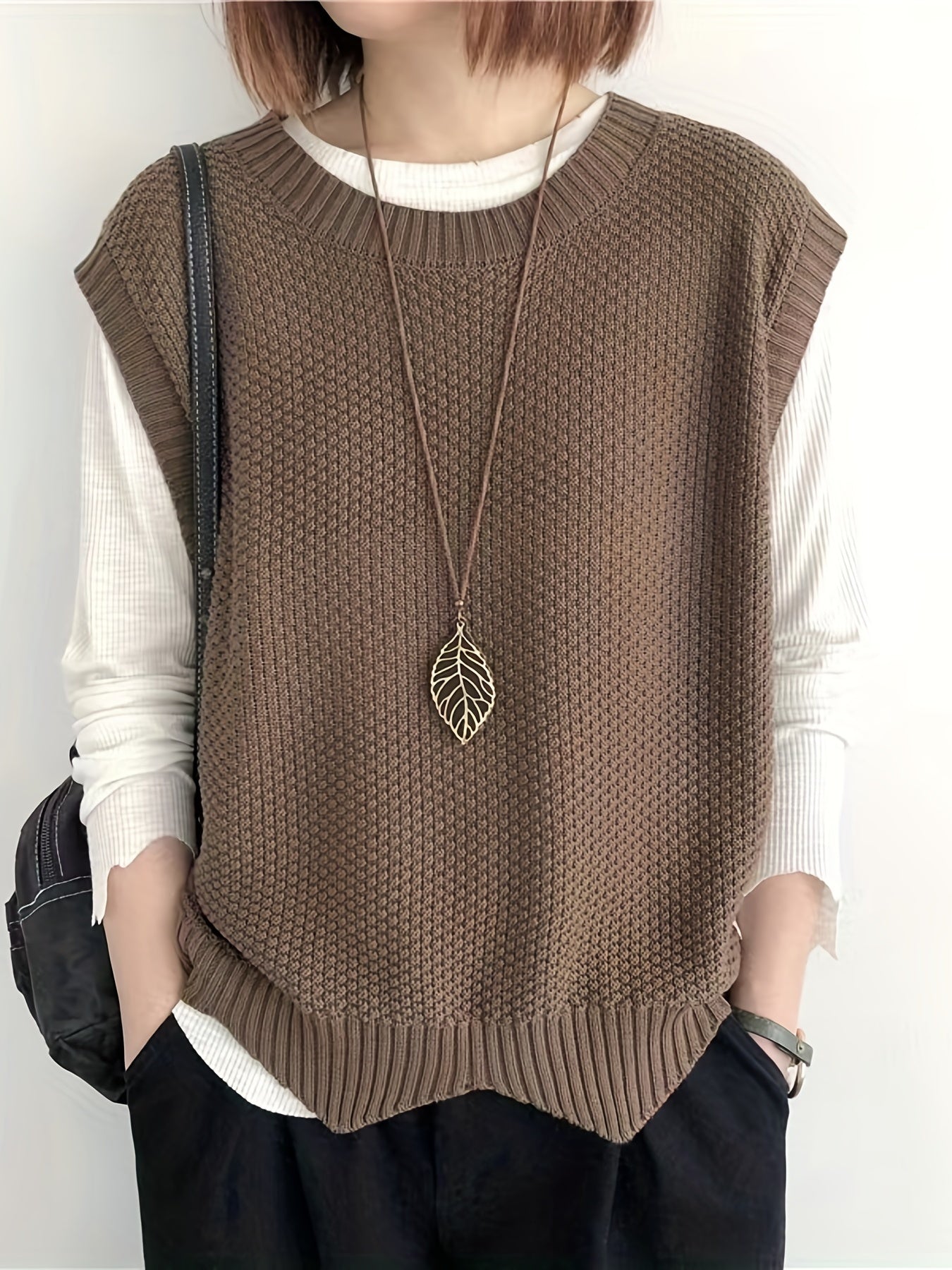 vlovelaw vlovelaw Solid Crew Neck Sweater Vest, Casual Sleeveless Vest For Spring & Fall, Women's Clothing