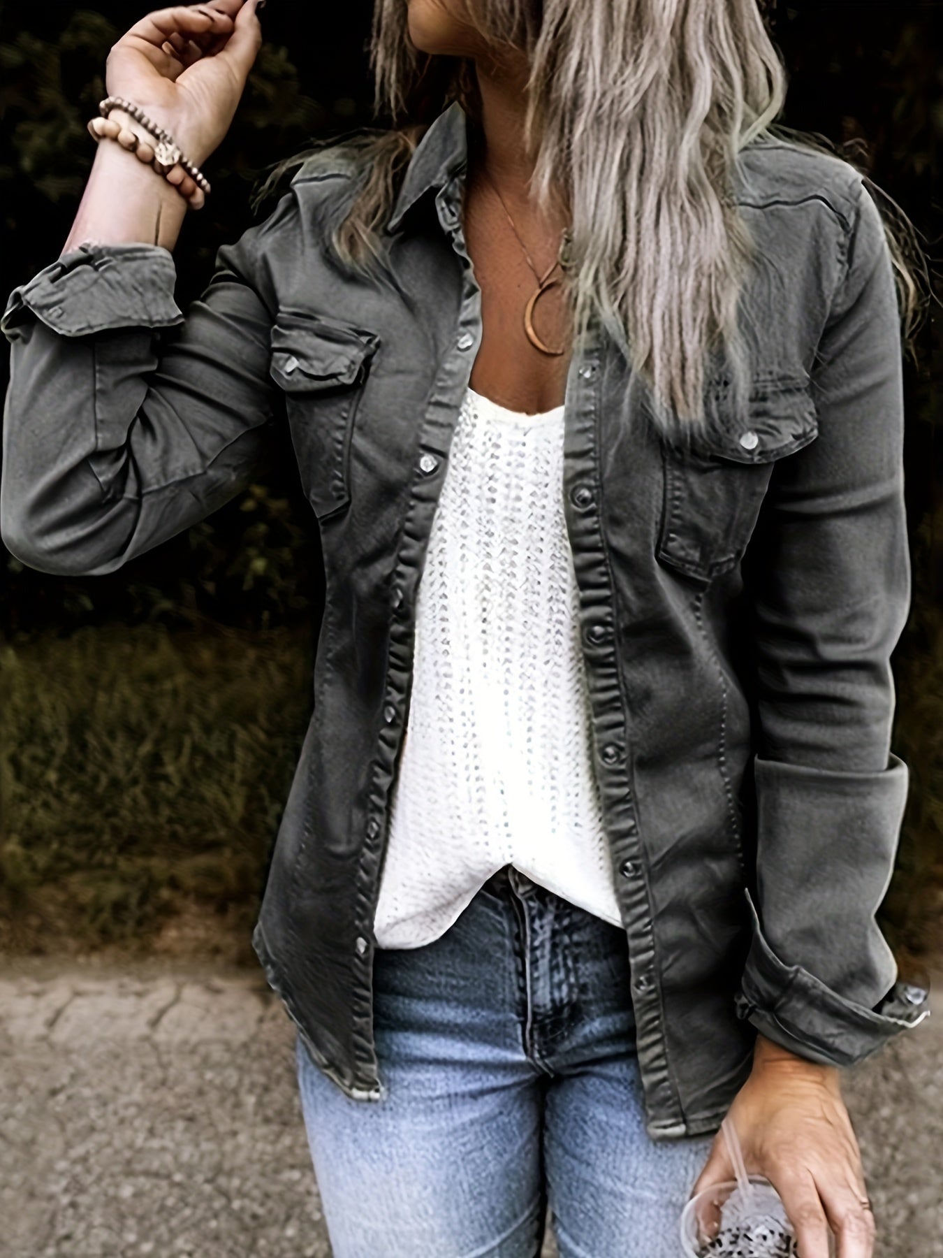 Long Sleeves Lapel Denim Shirts, Flap Pockets Single-Breasted Button Solid Color Denim Jackets, Women's Denim Clothing