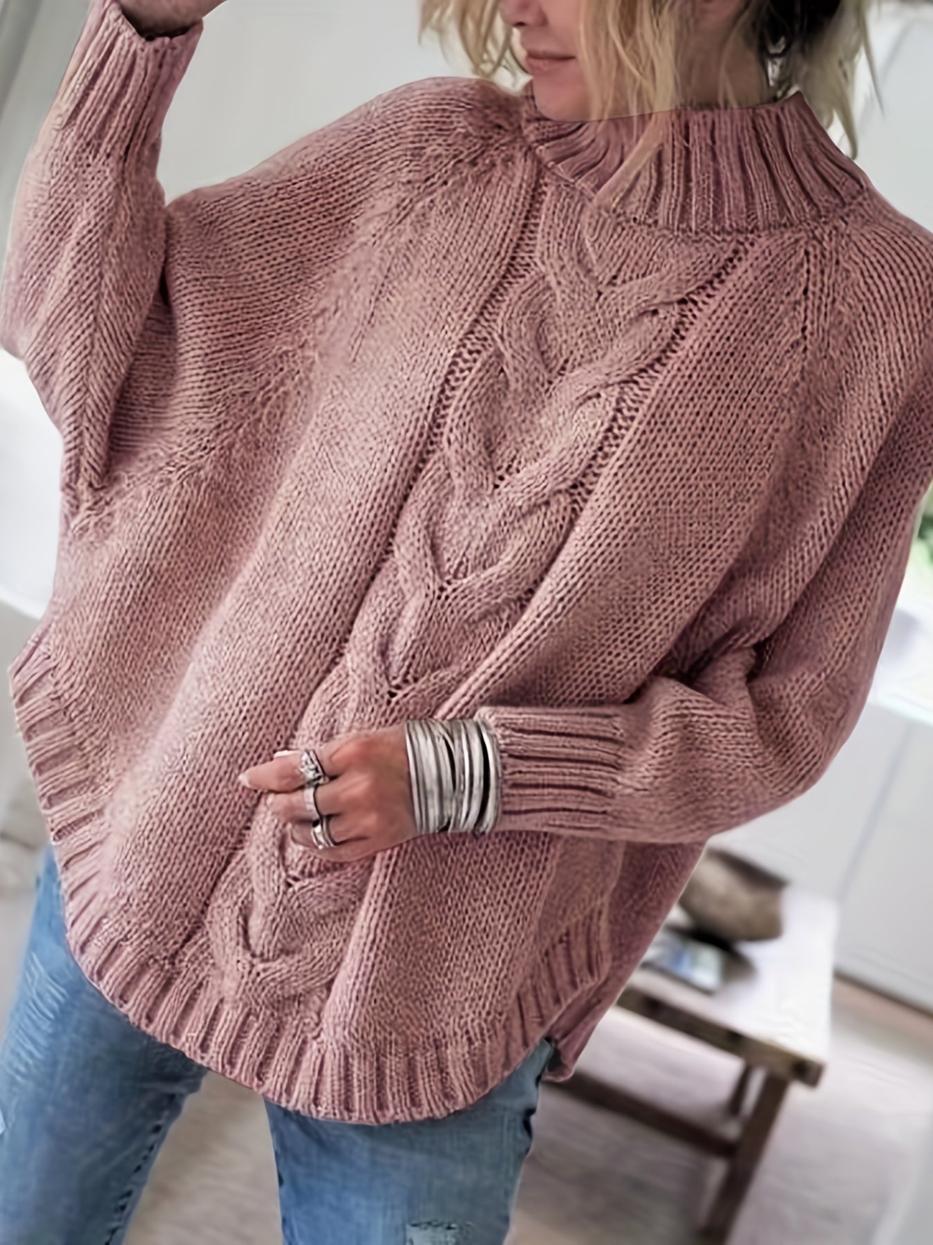 Cable Mock Neck Sweater, Vintage Batwing Sleeve Curved Hem Sweater, Women's Clothing