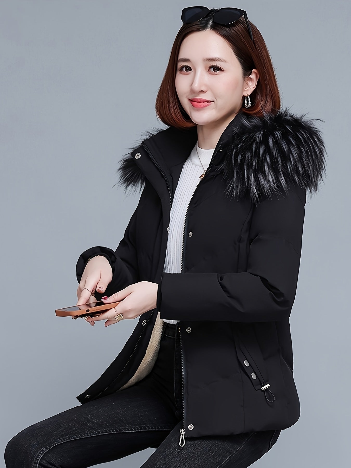 Elegant Women's Winter Coat with Faux Fur Collar - Warm, Thickened Polyester, Zip-Up, Long Sleeve - Chic Solid Color