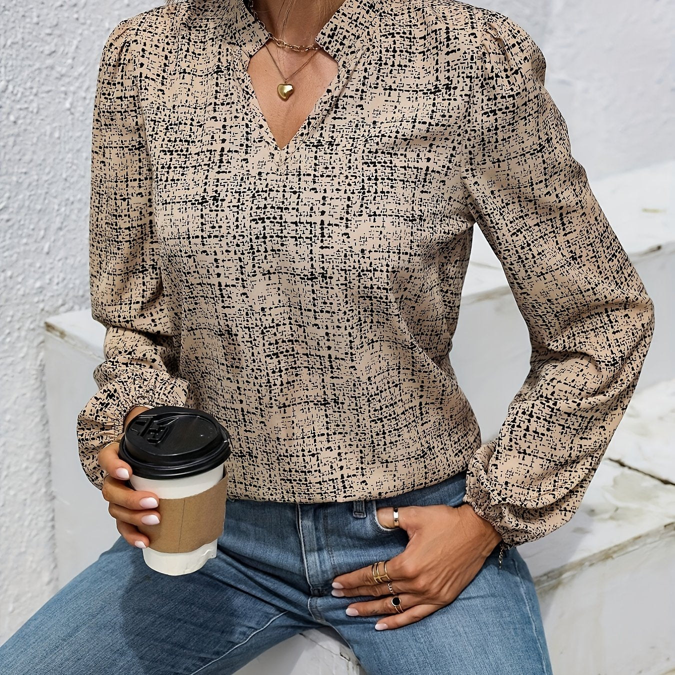 vlovelaw All Over Print Notch Neck Blouse, Casual Long Lantern Sleeve Blouse For Spring & Fall, Women's Clothing