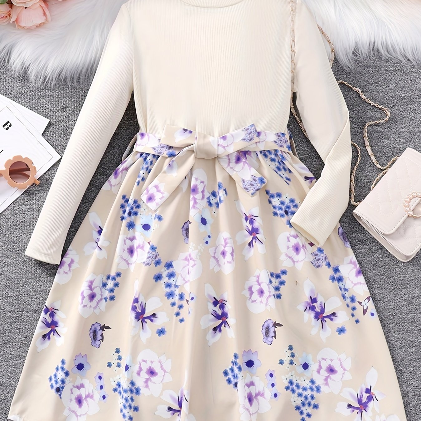 vlovelaw Girls Long Sleeves Round Neck Flowers Splicing Belted Dress For Party Kids Spring Clothes