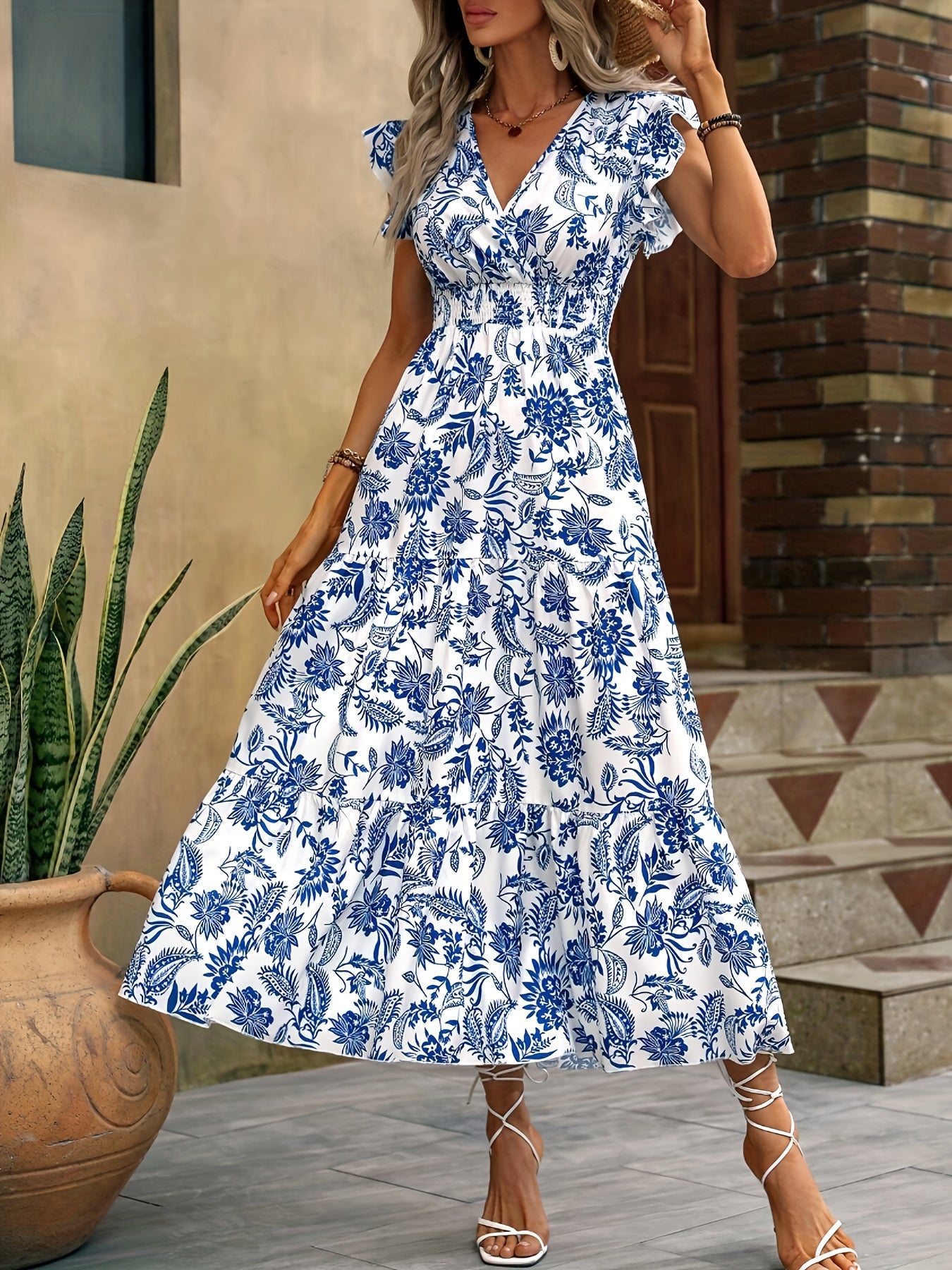 vlovelaw Shirred Waist Allover Print Dress, Vacation V Neck Ruffle Sleeve Dress For Spring & Summer, Women's Clothing