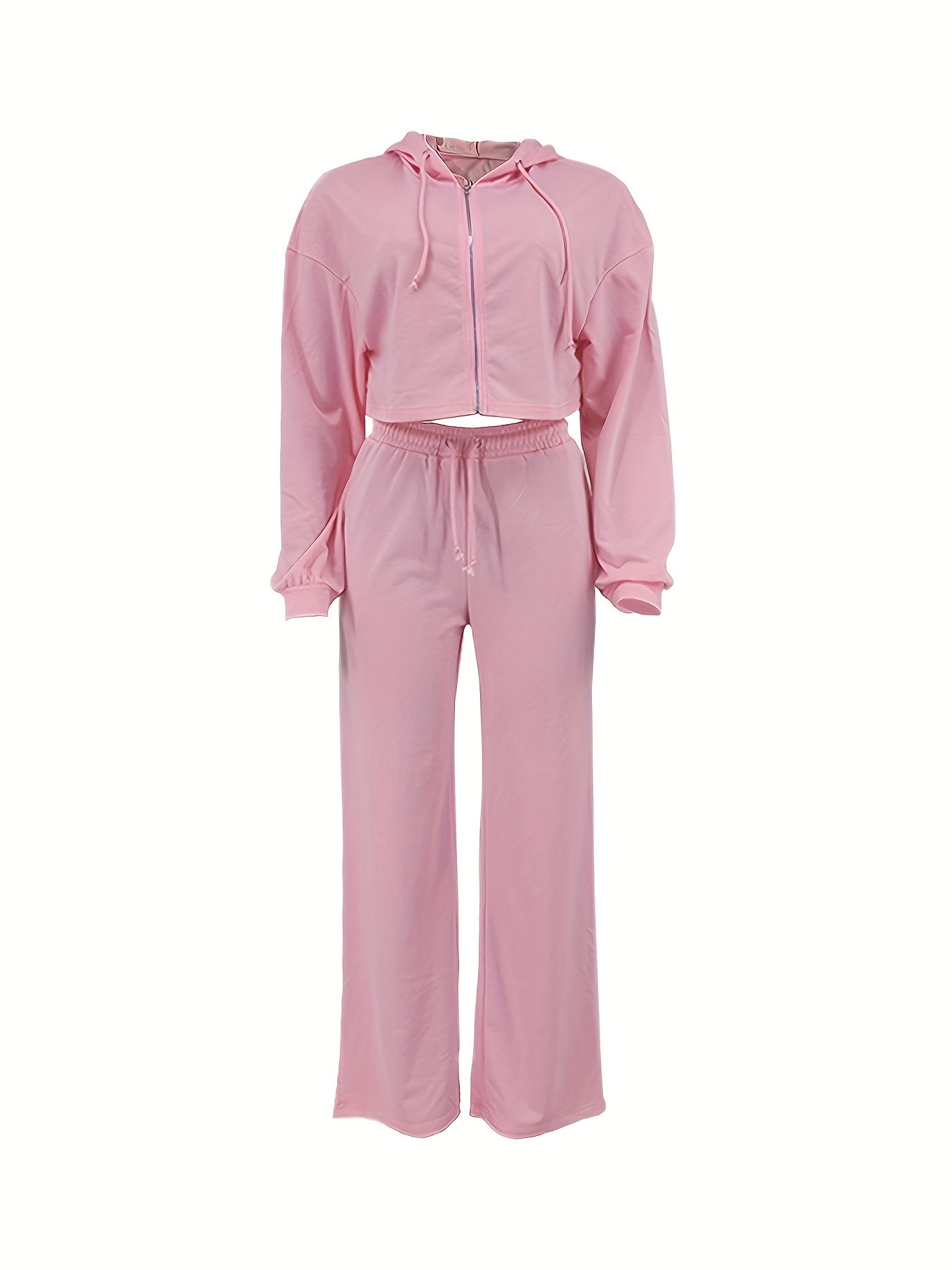 vlovelaw Casual Solid Two-piece Pants Set, Long Sleeve Zipper Front Hooded Top & Drawstring Wide Leg Pants Outfits, Women's Clothing