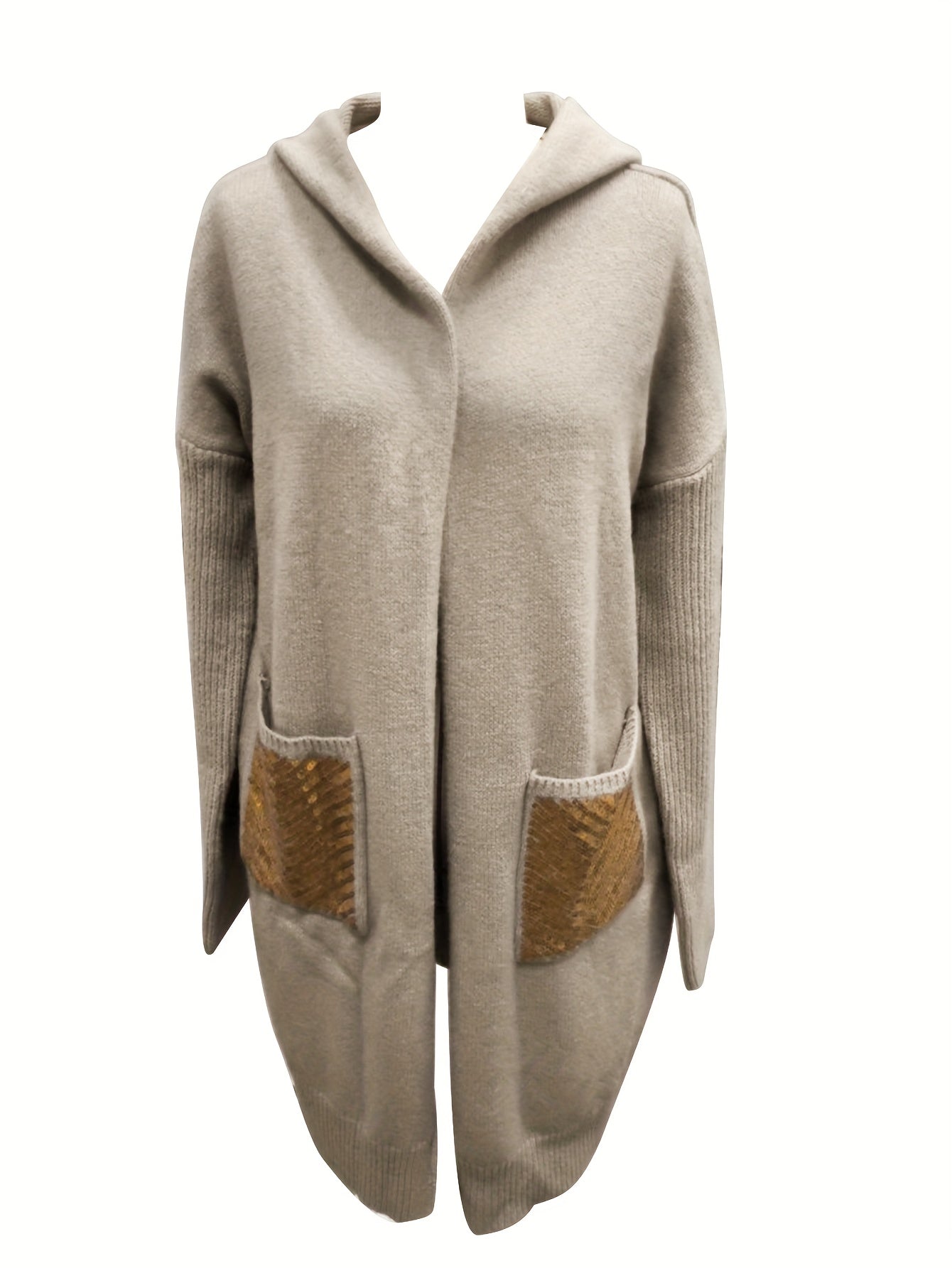 Sequined Letter Open Front Knit Cardigan, Casual Long Sleeve Hooded Sweater Coat With Pocket, Women's Clothing