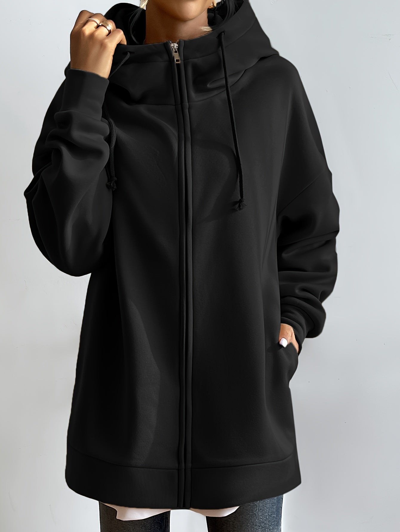 vlovelaw Solid Color Casual Sports Hooded Zipper Sweatshirs, Long Sleeve Drawstring Hoodie, Women's Sporty Sweatshirts