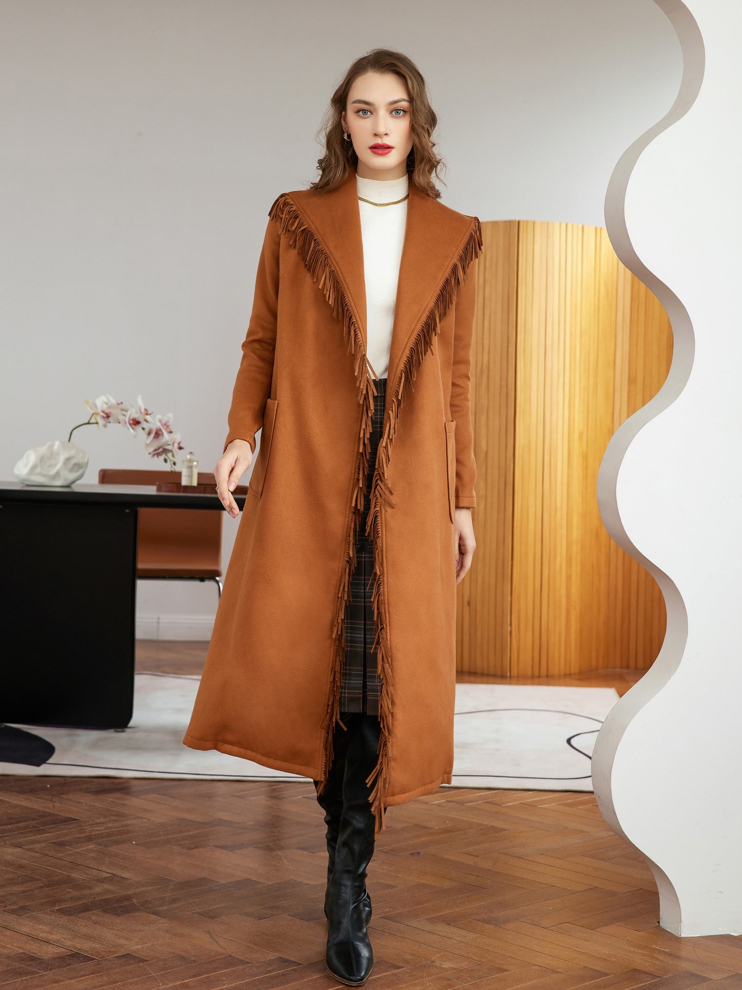 vlovelaw Tassel With Pocket Solid Coat, Casual Belted Long Sleeve Coat For Fall, Women's Clothing