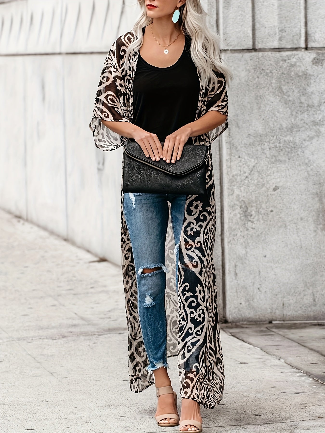 vlovelaw Graphic Print Open Front Kimono, Boho Cover Up Kimono For Spring & Summer, Women's Clothing