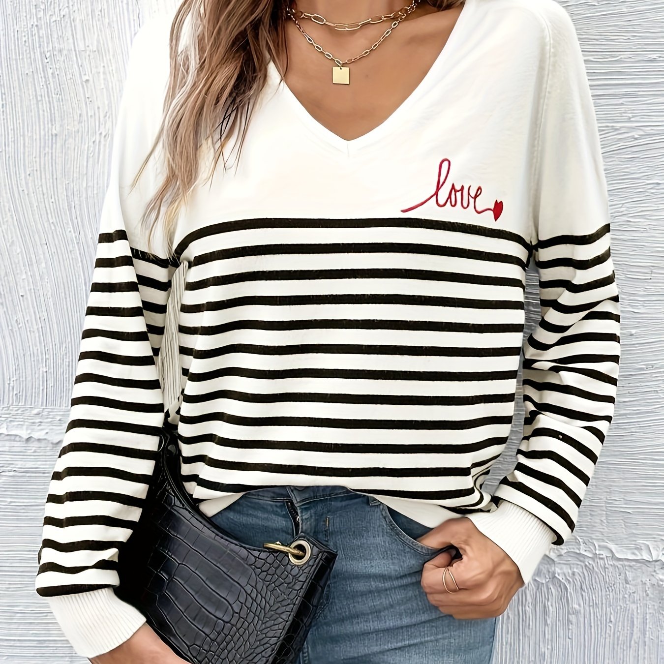 Striped V Neck Pullover Sweater, Casual Long Sleeve Sweater For Spring & Fall, Women's Clothing