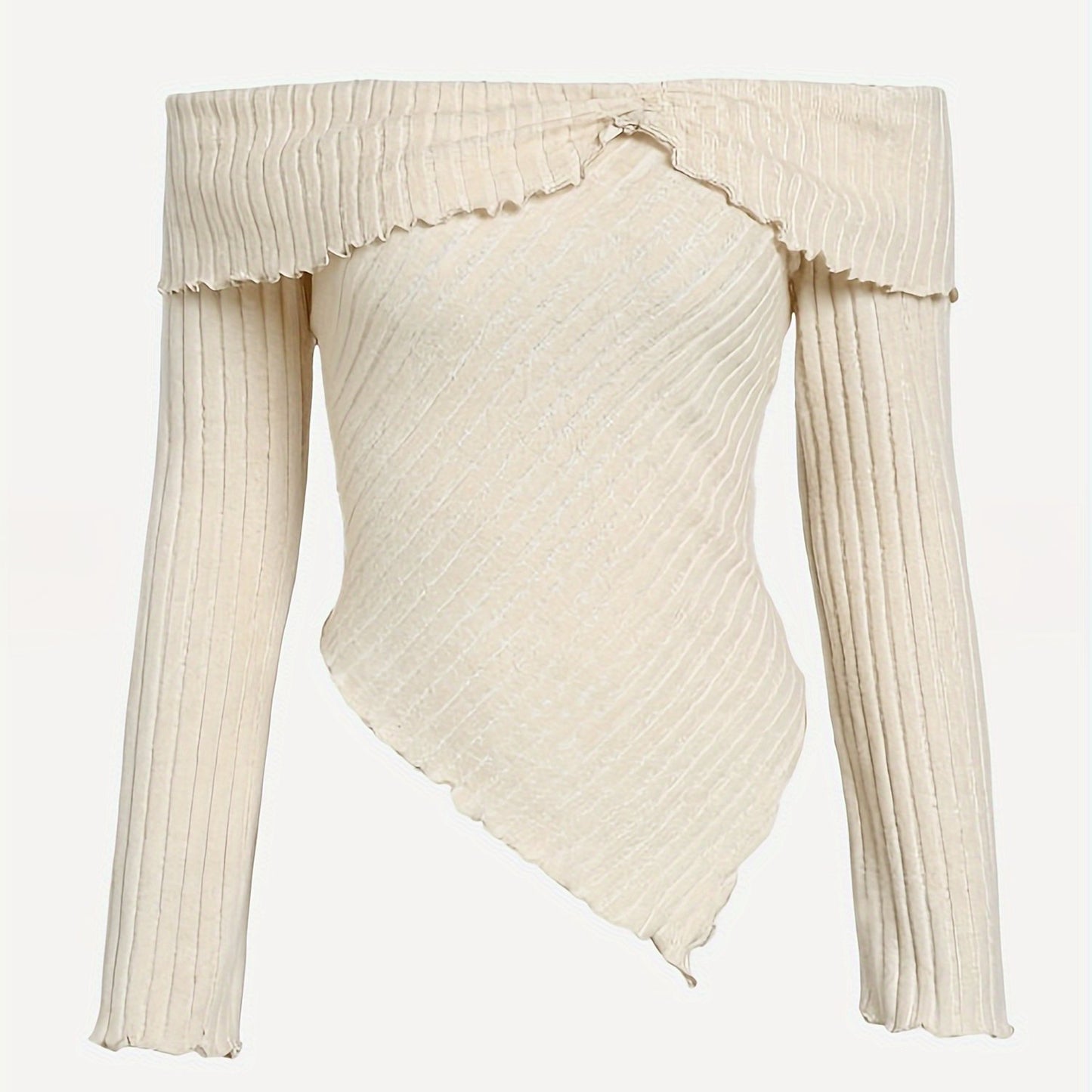 vlovelaw Ribbed Off Shoulder Asymmetrical Hem T-Shirt, Casual Long Sleeve Top For Spring & Fall, Women's Clothing