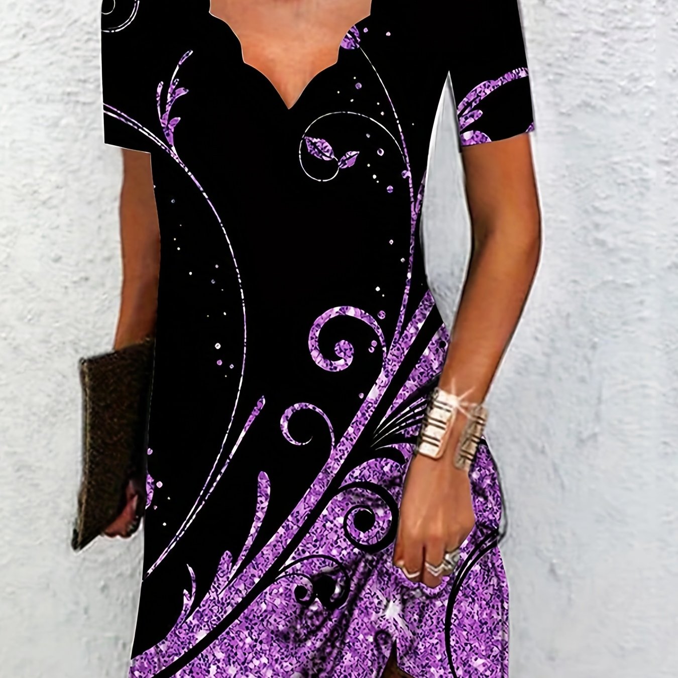 vlovelaw Plus Size Casual Dress, Women's Plus Glitter Baroque Print Short Sleeve V Neck Scallop Trim Slight Stretch Dress
