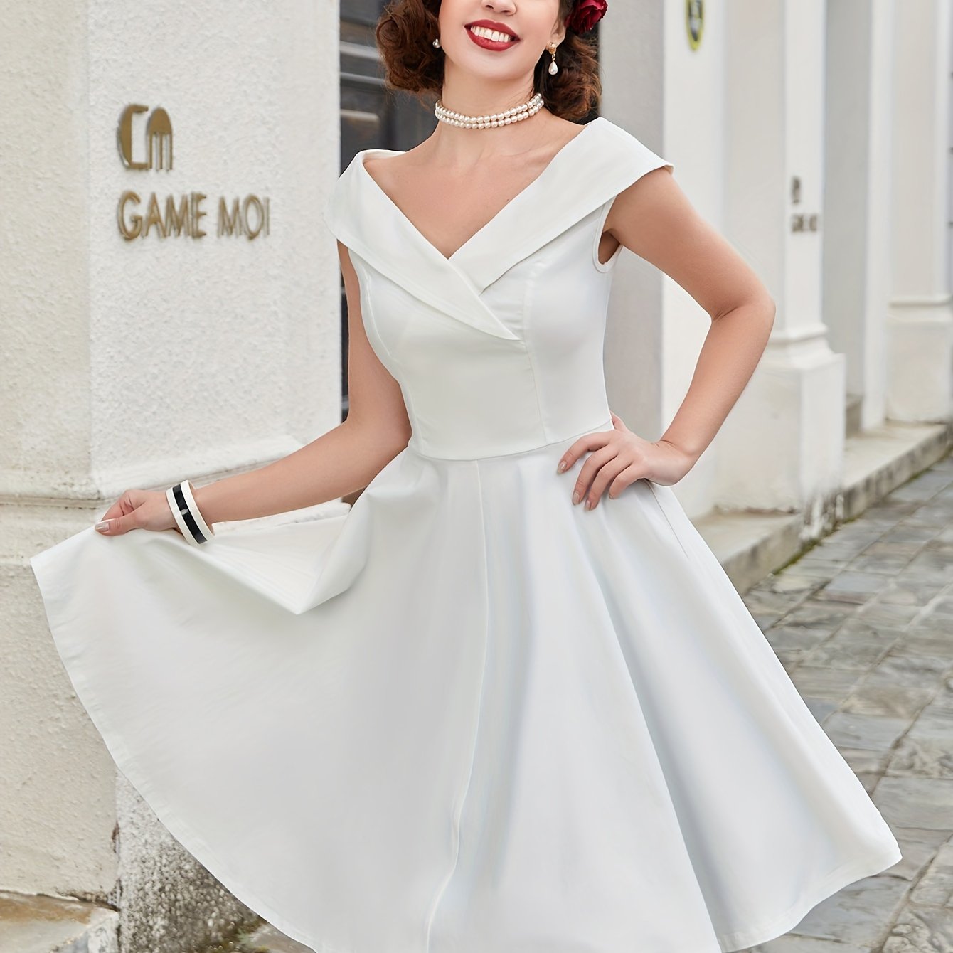 vlovelaw Solid V Neck Dress, Vintage Short Sleeve A-line Dress For Spring & Summer, Women's Clothing