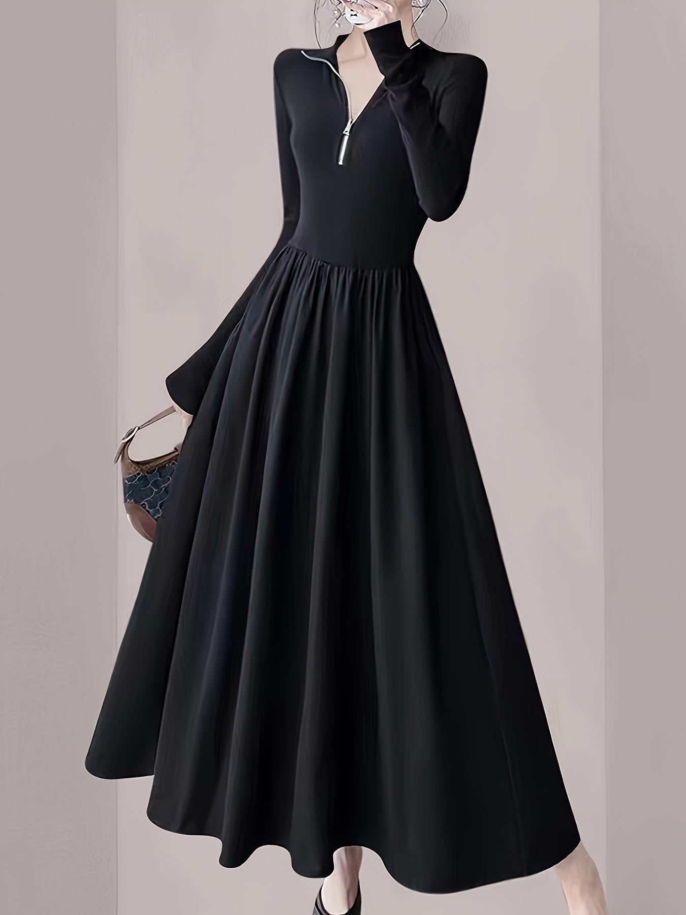 vlovelaw Zip-up Long Sleeve Lapel Dress, Chic Solid Color A-line Dress, Women's Clothing