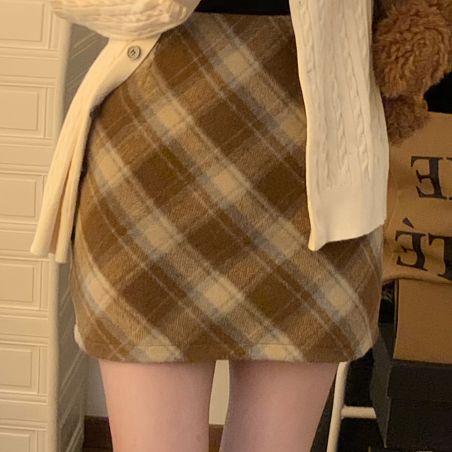 Plaid Print High Waist Skirt, Vintage A Line Mini Skirt, Women's Clothing