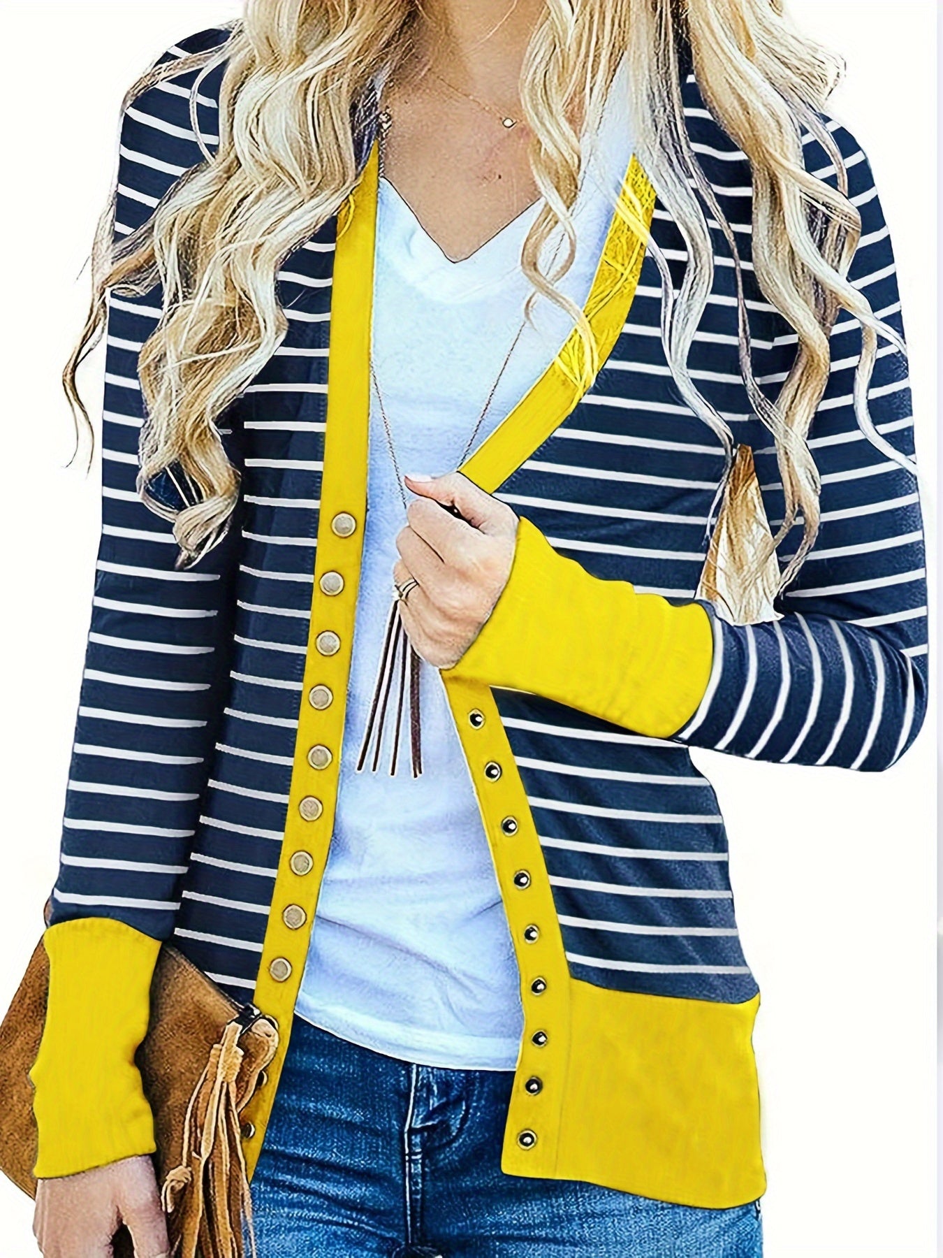 vlovelaw Striped Button Down Knit Cardigan, Casual V Neck Long Sleeve Cardigan For Spring & Fall, Women's Clothing