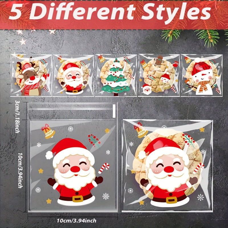 100pcs Christmas Candy Bags - Self-Adhesive Clear Plastic Snack Pouches for Holiday Party Supplies, Disposable Cookie Bags with Festive Santa, Reindeer, Snowman Designs (5 Styles)