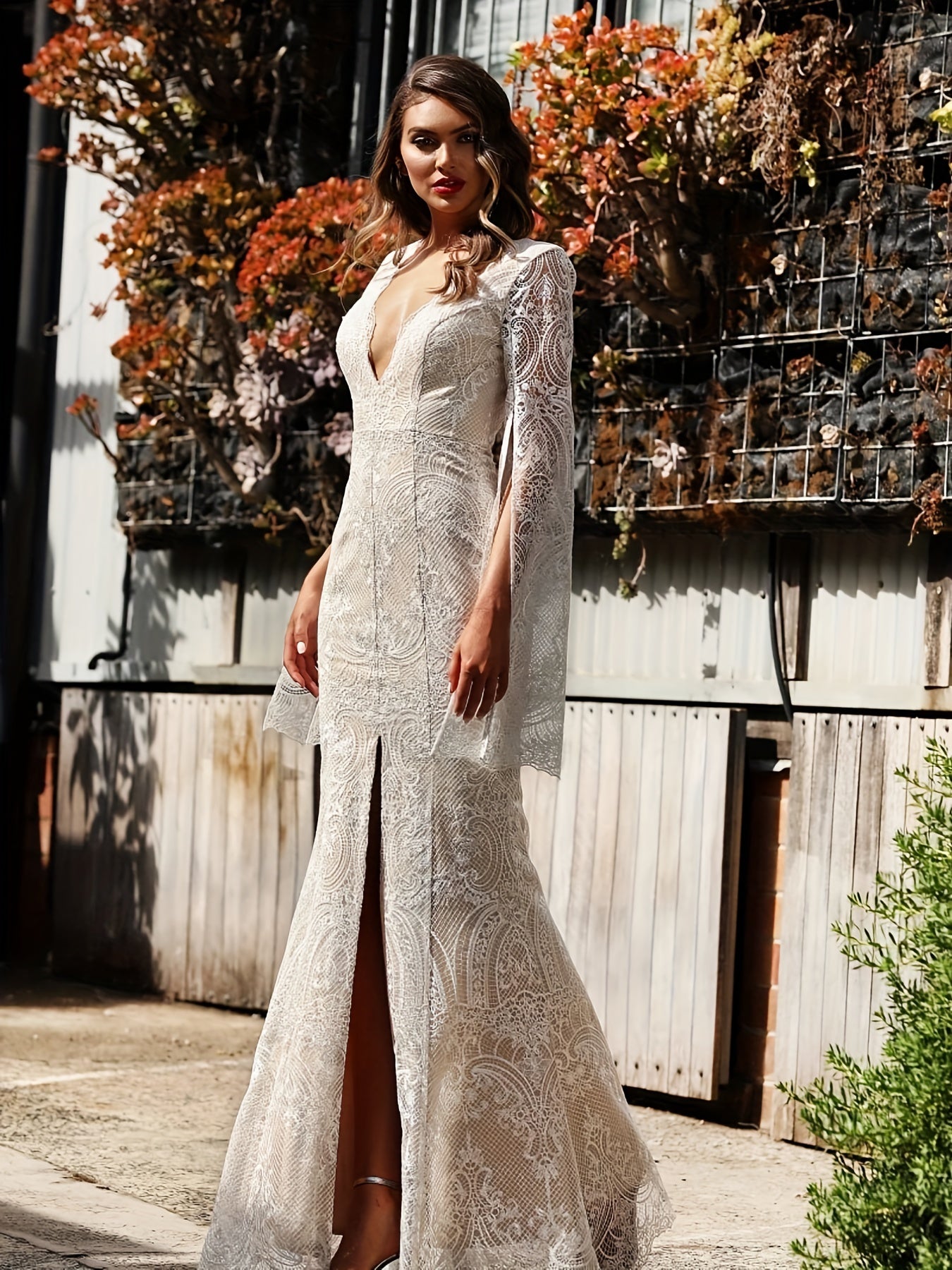 vlovelaw Guipure Lace V Neck Cocktail Dress, Elegant Cape Sleeve Split Slim Fit Evening Dress For Party & Banquet, Women's Clothing