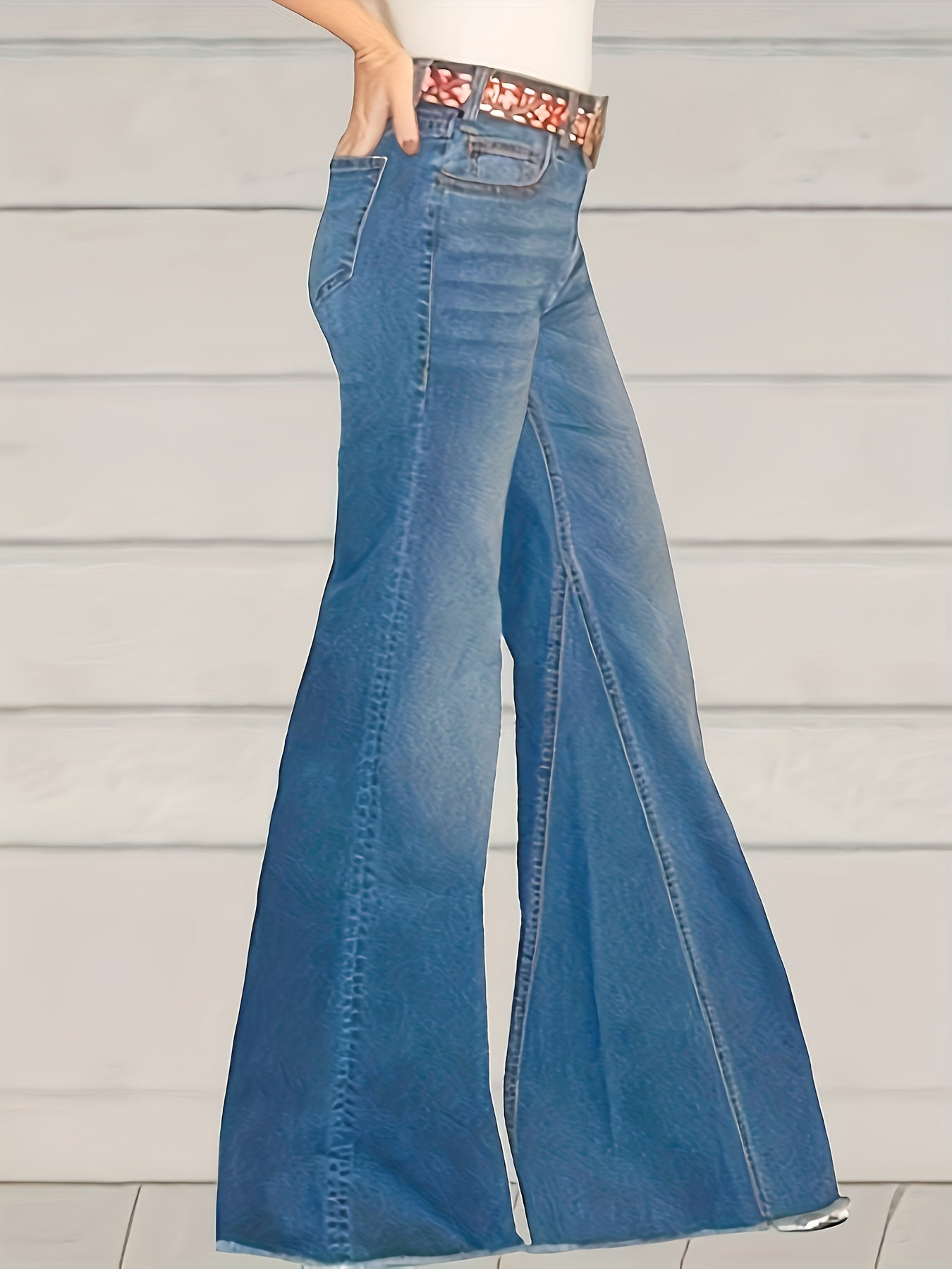 Plus Size Casual Jeans, Women's Plus Washed Button Fly High Stretch High Rise Flared Leg Jeans