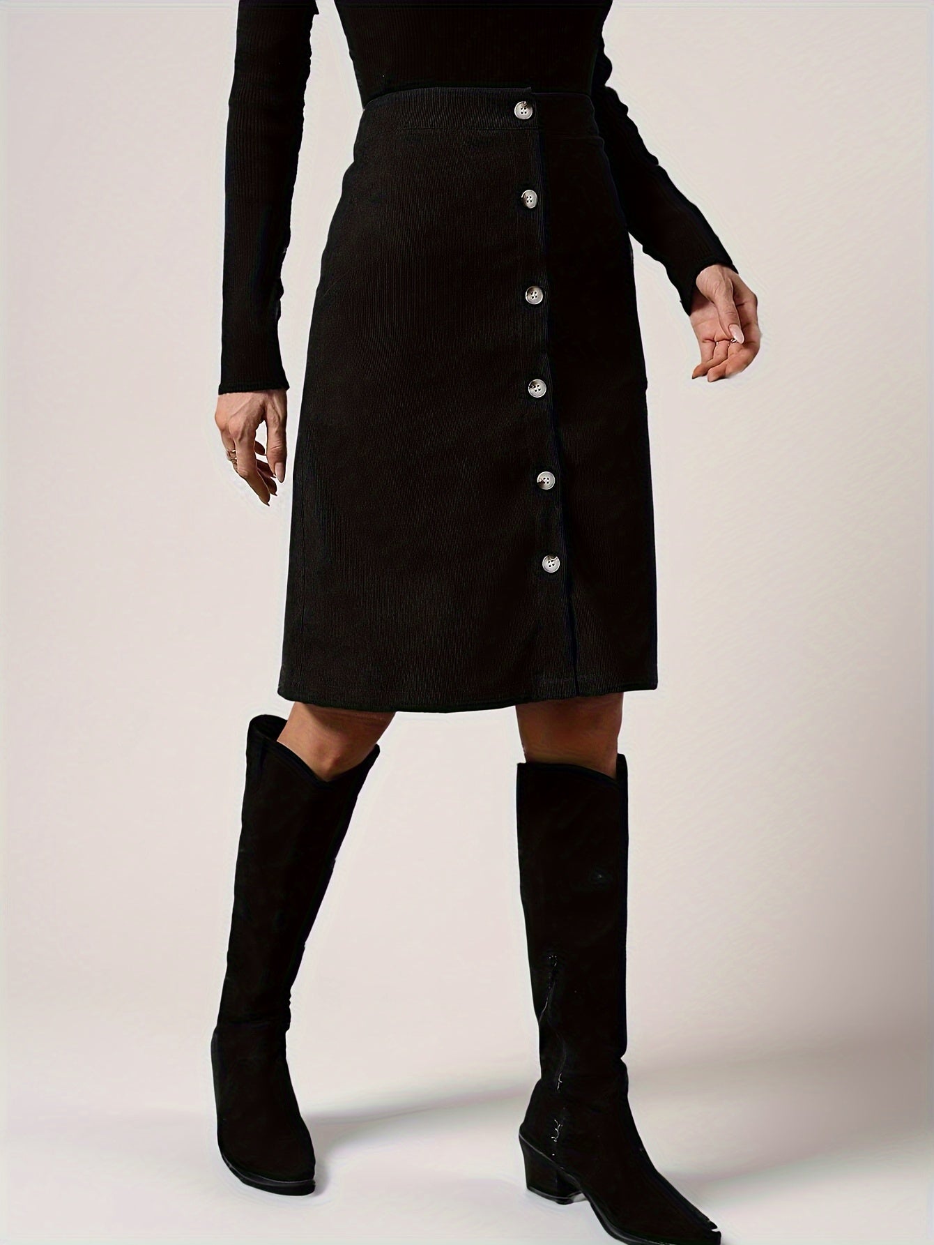 Solid Button Front Corduroy Skirt, Casual High Waist Knee Length Skirt, Women's Clothing