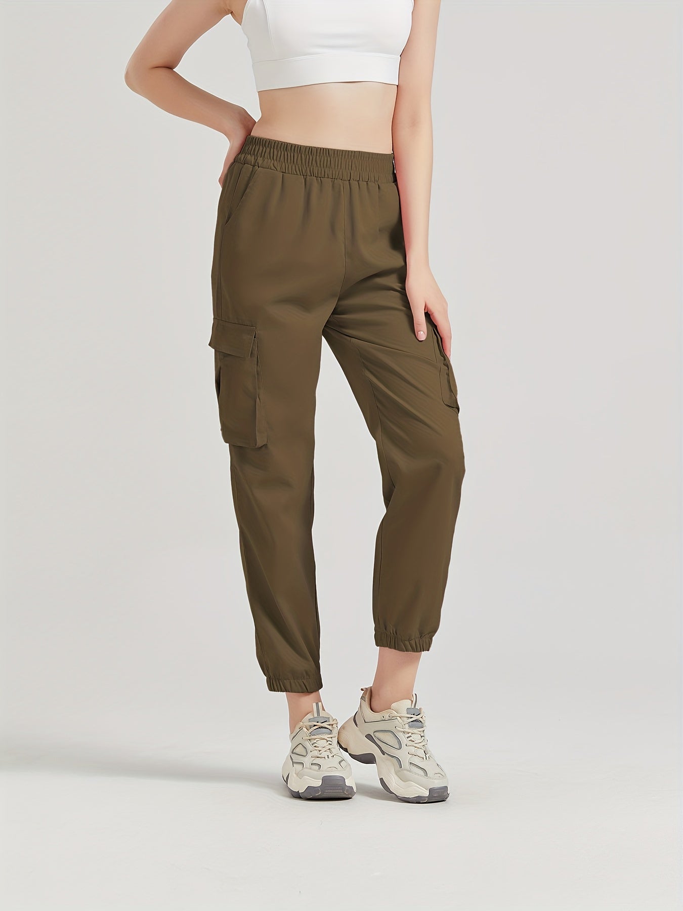 vlovelaw Solid Color Casual Joggers Sweatpant, Cargo Loose High Waisted Pants With Pockets, Women's Athleisure