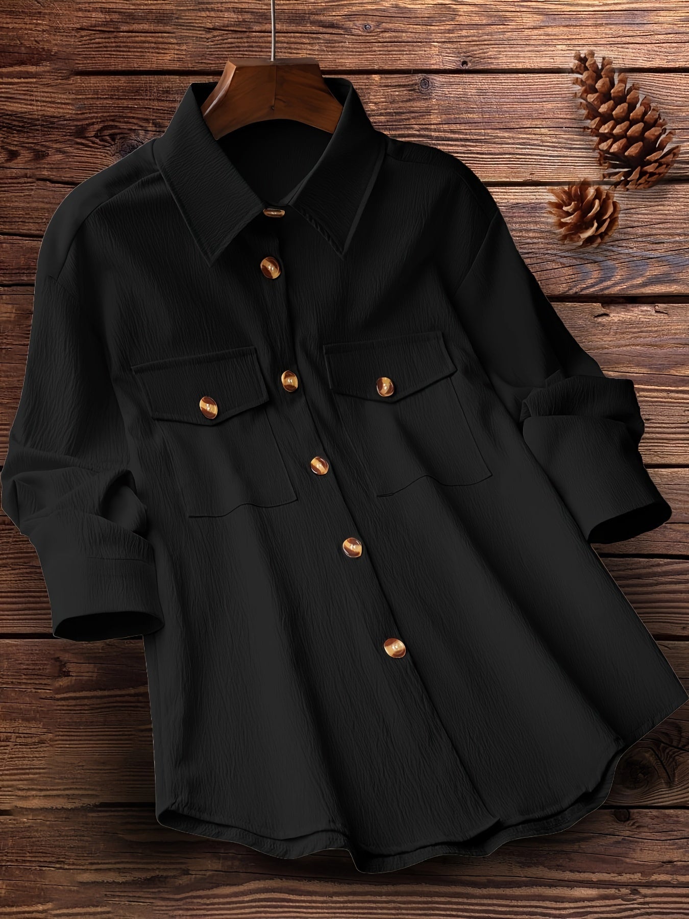 Solid Polo Collar Button Shirt, Casual Long Sleeve Shirt For Spring & Fall, Women's Clothing