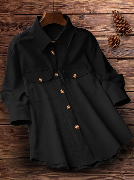 Solid Polo Collar Button Shirt, Casual Long Sleeve Shirt For Spring & Fall, Women's Clothing