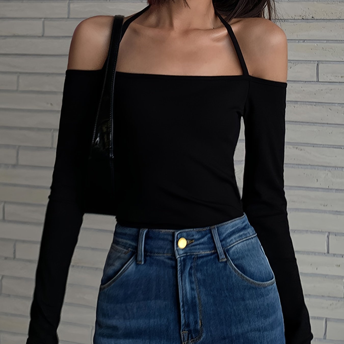 Halter Neck Solid T-Shirt, Casual Long Sleeve Top For Spring, Women's Clothing