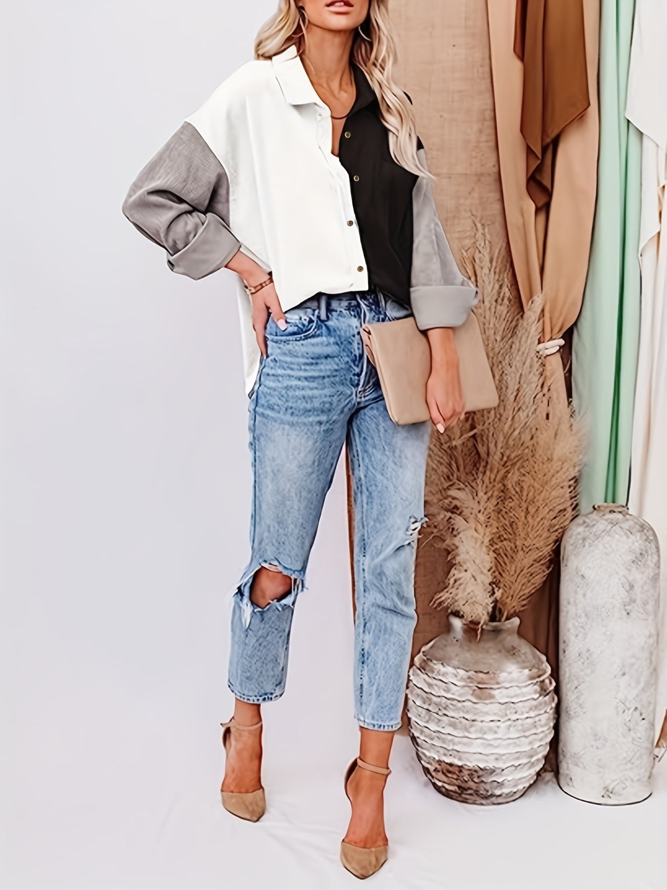 Color Block Drop Shoulder Shirt, Casual Button Front Long Sleeve Shirt, Women's Clothing