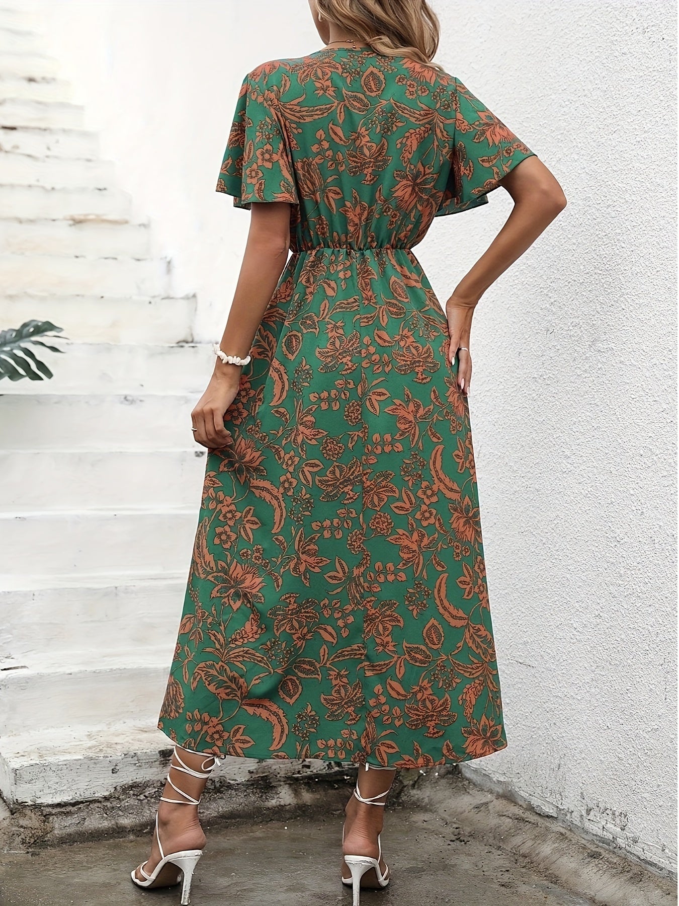 vlovelaw Floral Print Surplice Neck Dress, Casual Ruffle Sleeve Split Dress For Spring & Summer, Women's Clothing