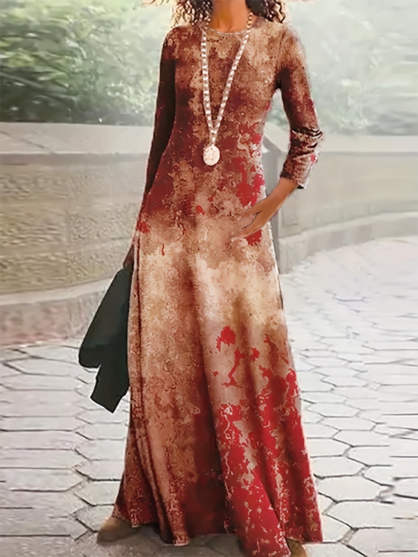 Tie Die Print Maxi Dress, Vintage Crew Neck Long Sleeve Dress, Women's Clothing
