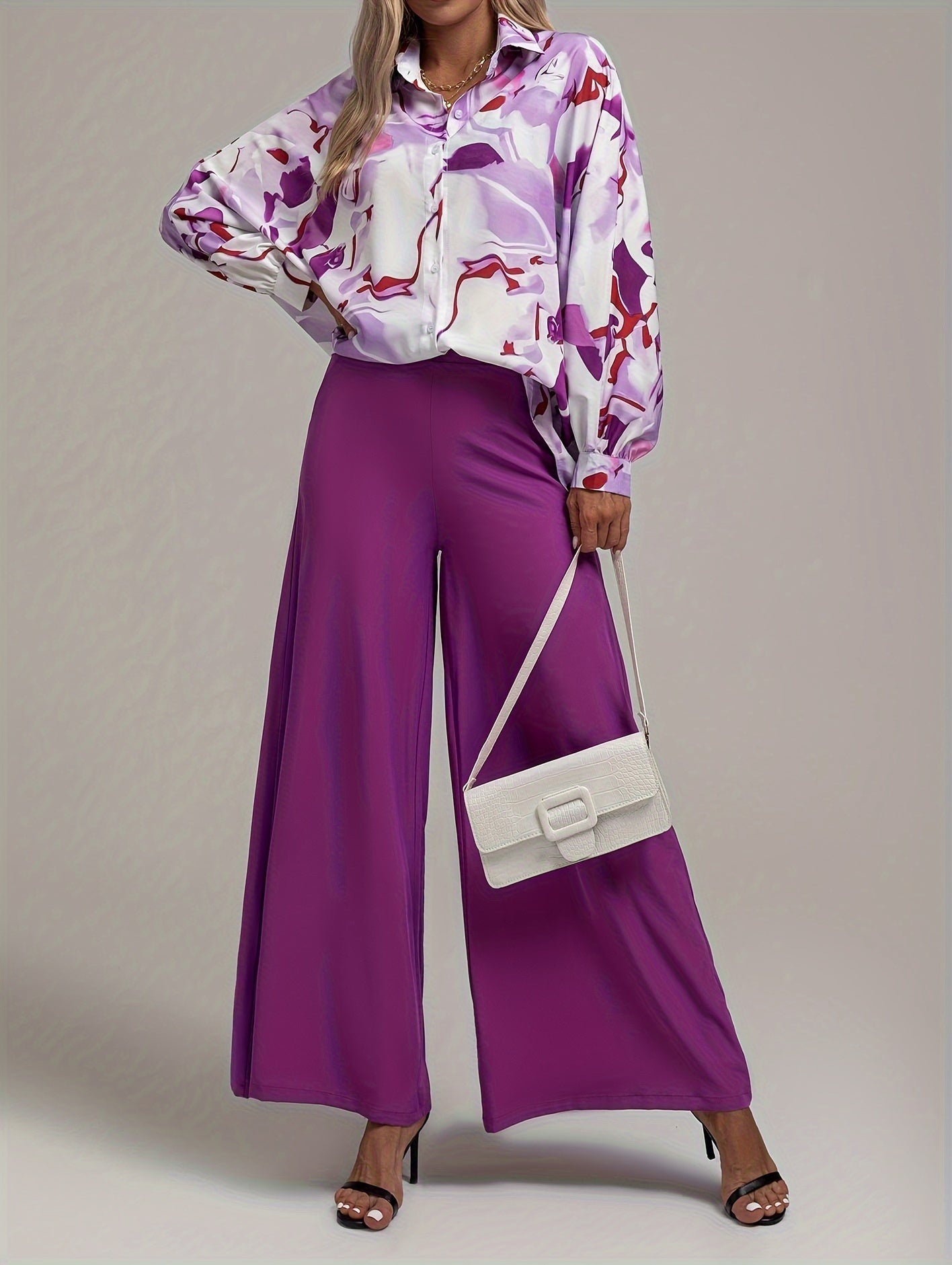 vlovelaw Elegant Two-piece Set, Allover Print Button Front Shirt & Solid High Waist Wide Leg Pants Outfits, Women's Clothing