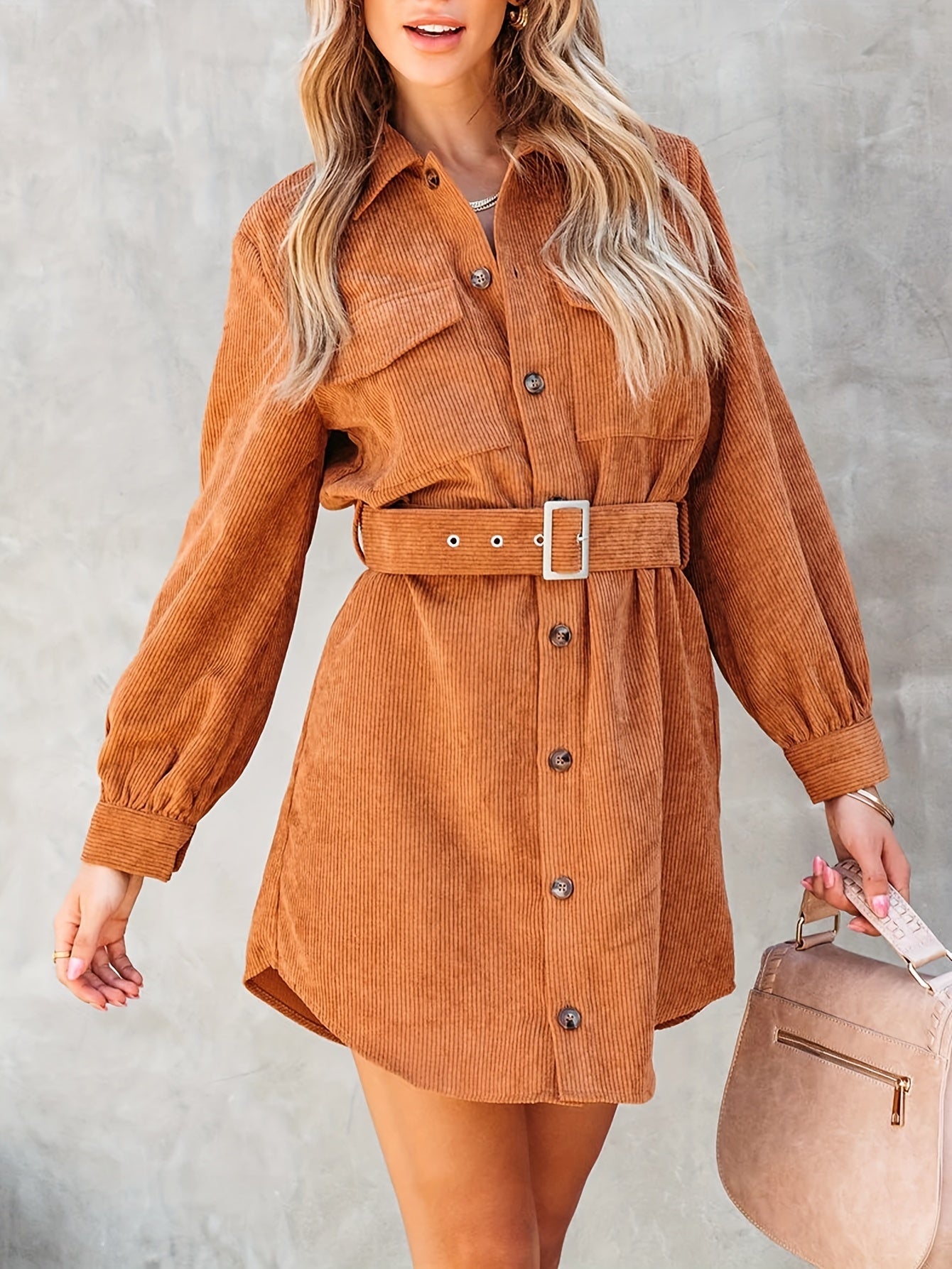 vlovelaw Button Front Mini Dress, Casual Long Sleeve Versatile Dress, Women's Clothing