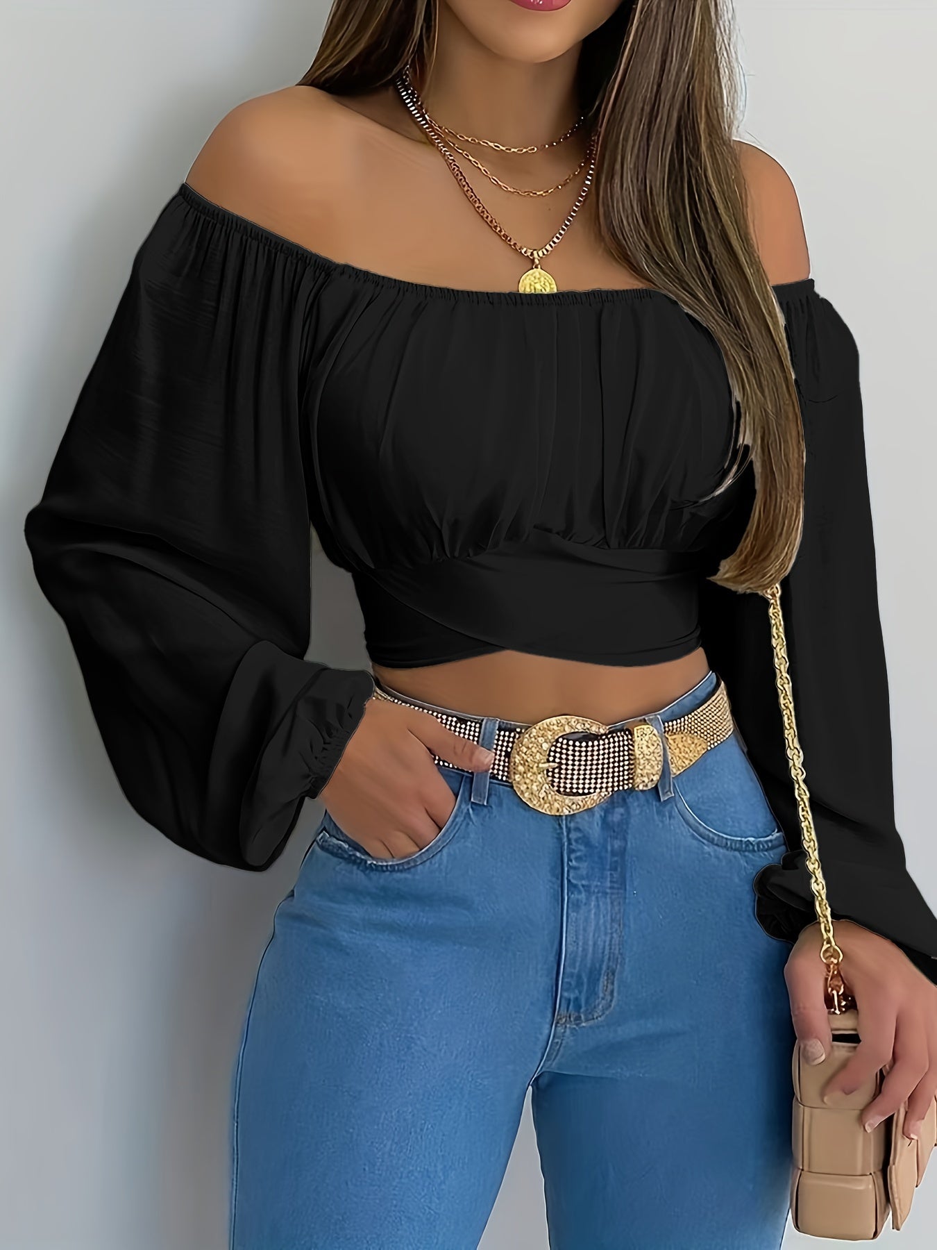 vlovelaw Solid Cross Tie Back Crop Blouse, Casual Off Shoulder Long Sleeve Top, Women's Clothing