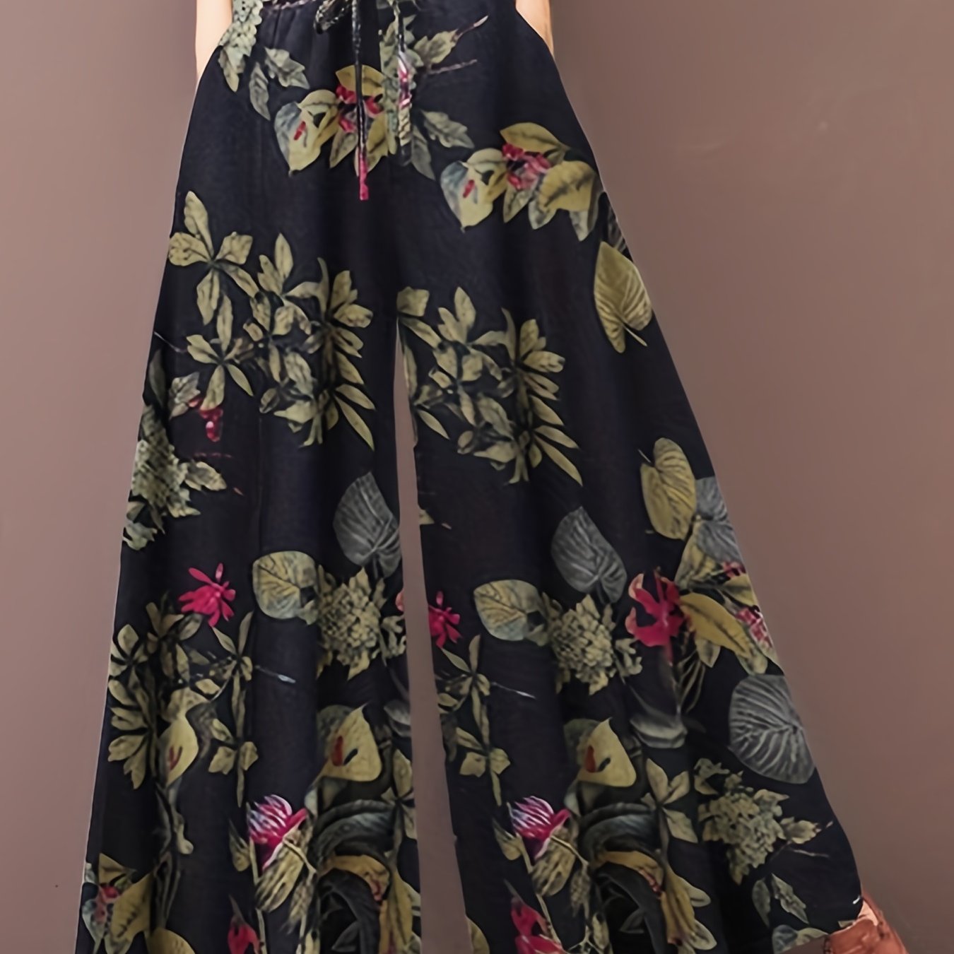 Plus Size Elegant Pants, Women's Plus Floral Print Drawstring Elastic Wide Leg Pants