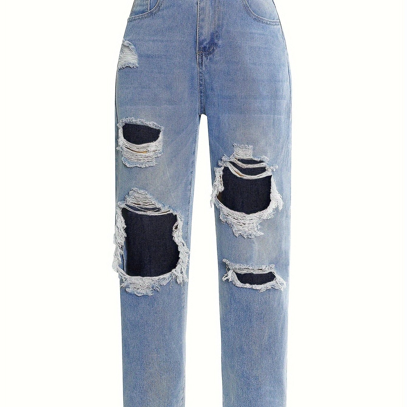Blue Ripped Straight Jeans, Slash Pockets High Waist Distressed High Waist Denim Pants, Women's Denim Jeans & Clothing