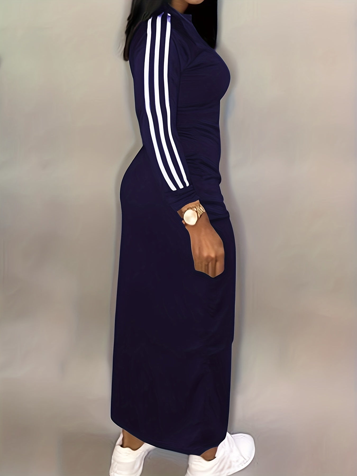 vlovelaw Striped Print Bodycon Dress, Casual Long Sleeve Maxi Dress, Women's Clothing