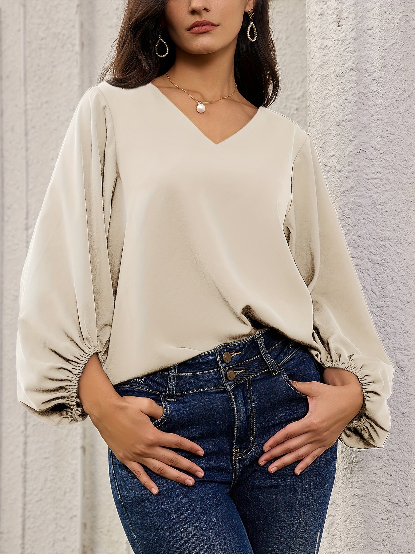 Solid V Neck Blouse, Elegant Lantern Sleeve Blouse For Spring & Fall, Women's Clothing