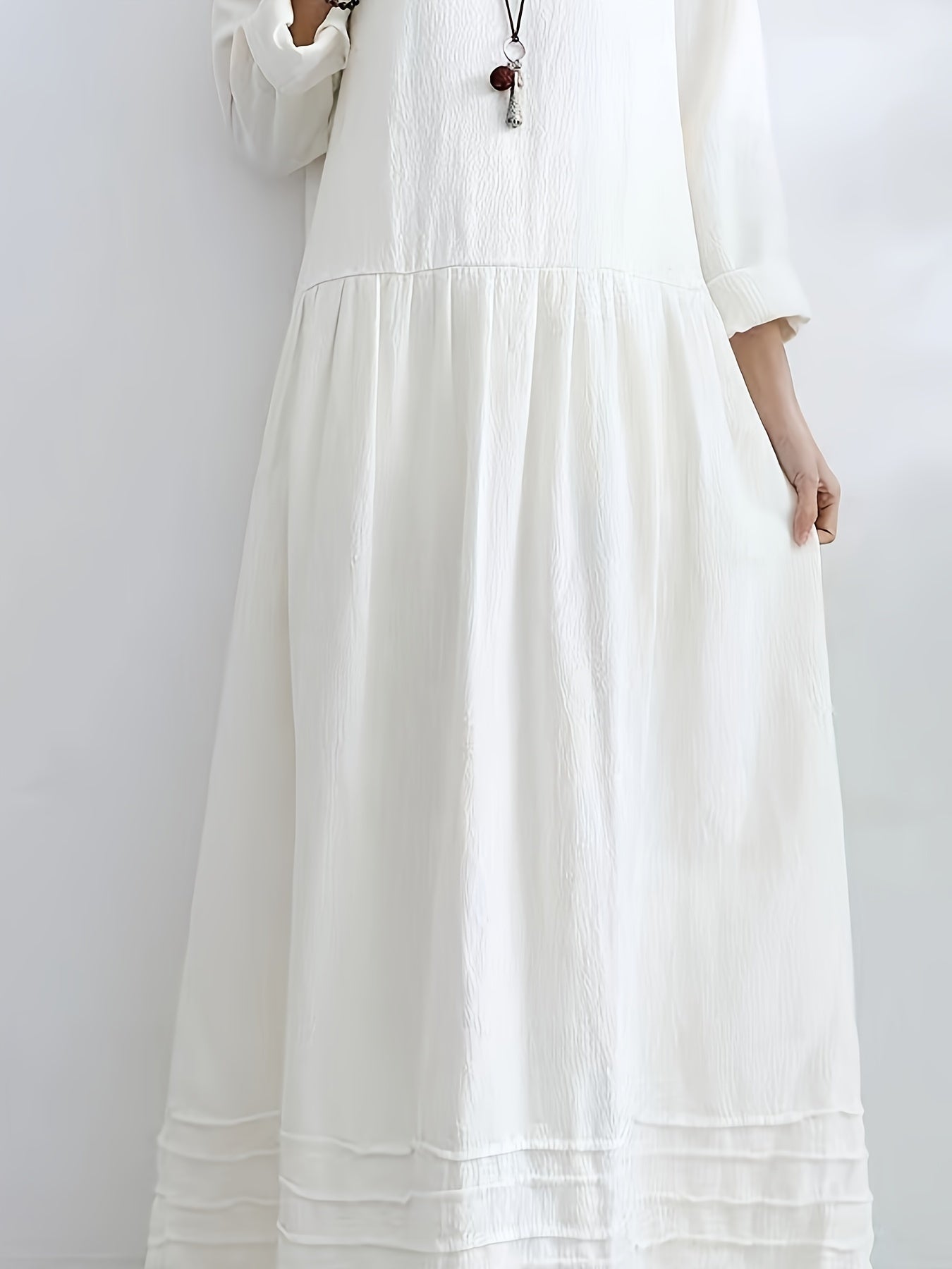 vlovelaw Solid Plicated Detail Oversized Dress, Long Sleeve Crew Neck Casual Dress, Women's Clothing