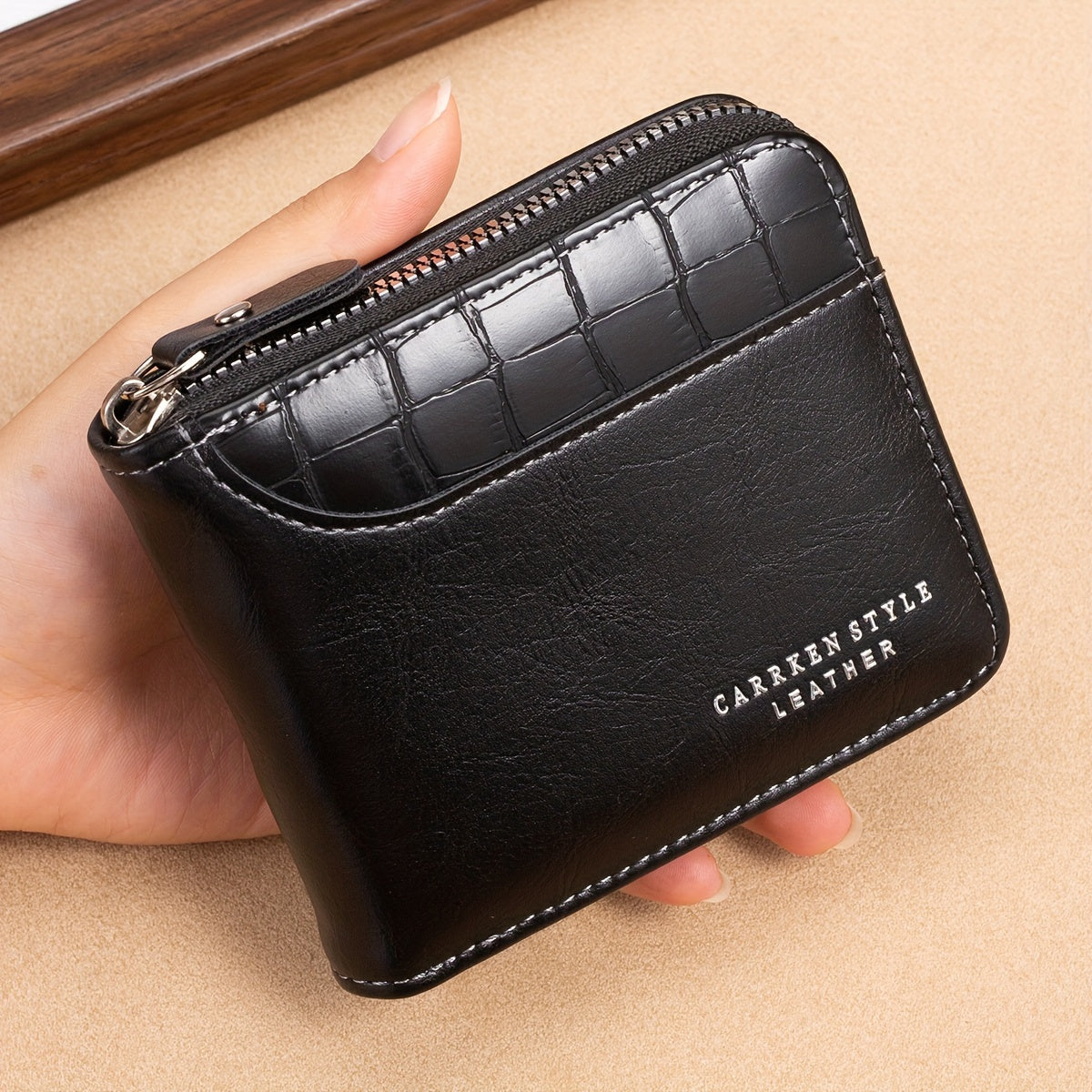 CarrKen Vintage-Inspired Solid Wallet: Secure Zip-Around Coin Holder, Textured Credit Card Organizer
