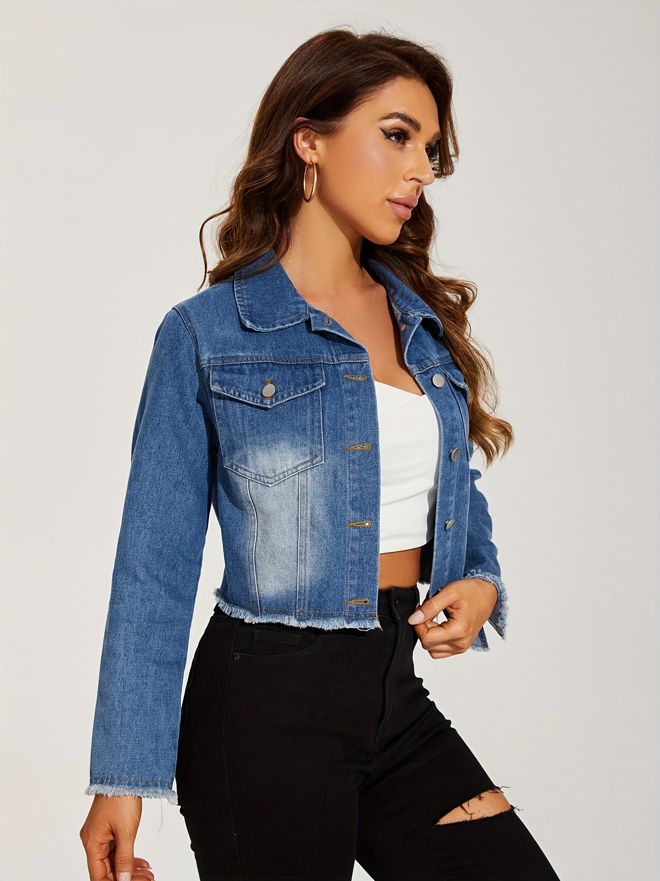 vlovelaw Blue Frayed Trim Denim Jackets, Long Sleeves Single-Breasted Button Lapel Denim Coats, Women's Denim Clothing