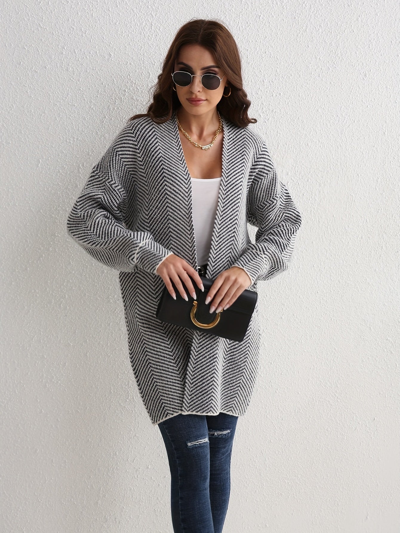 vlovelaw Chevron Print Open Front Cardigan, Elegant Long Sleeve Cardigan For Spring & Fall, Women's Clothing