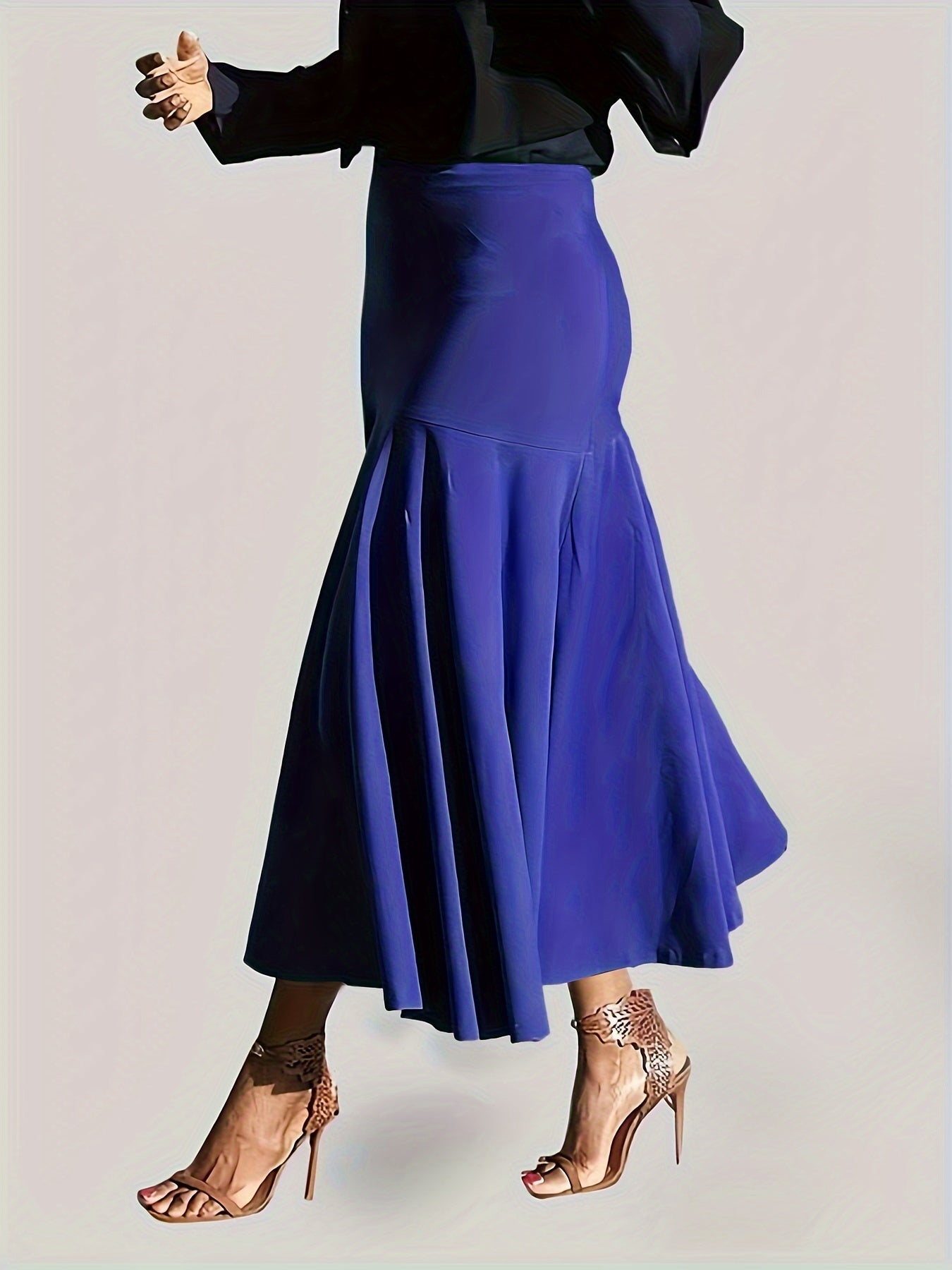 vlovelaw Plus Size Party Skirt, Women's Plus Solid High Rise Non-stretch Maxi Mermaid Skirt