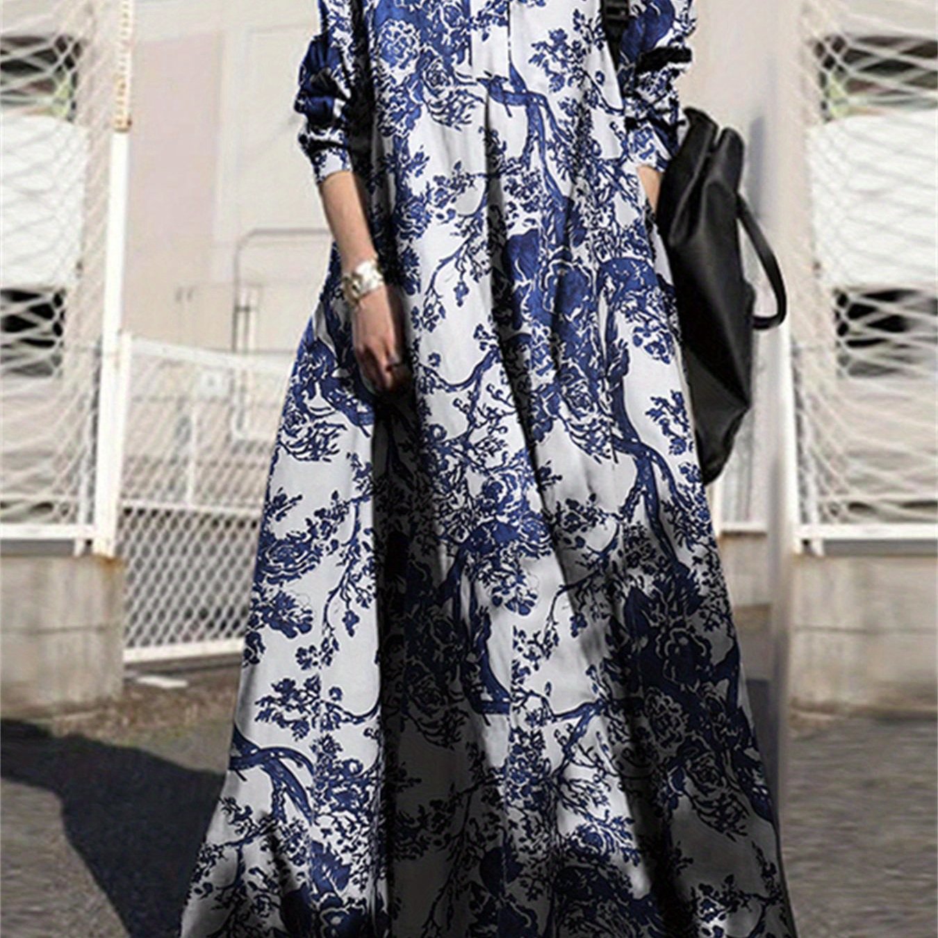 vlovelaw Ethnic Plant Print Oversized Dress, Hidden Pocket Long Sleeve Cotton Vacation Maxi Dress, Women's Clothing