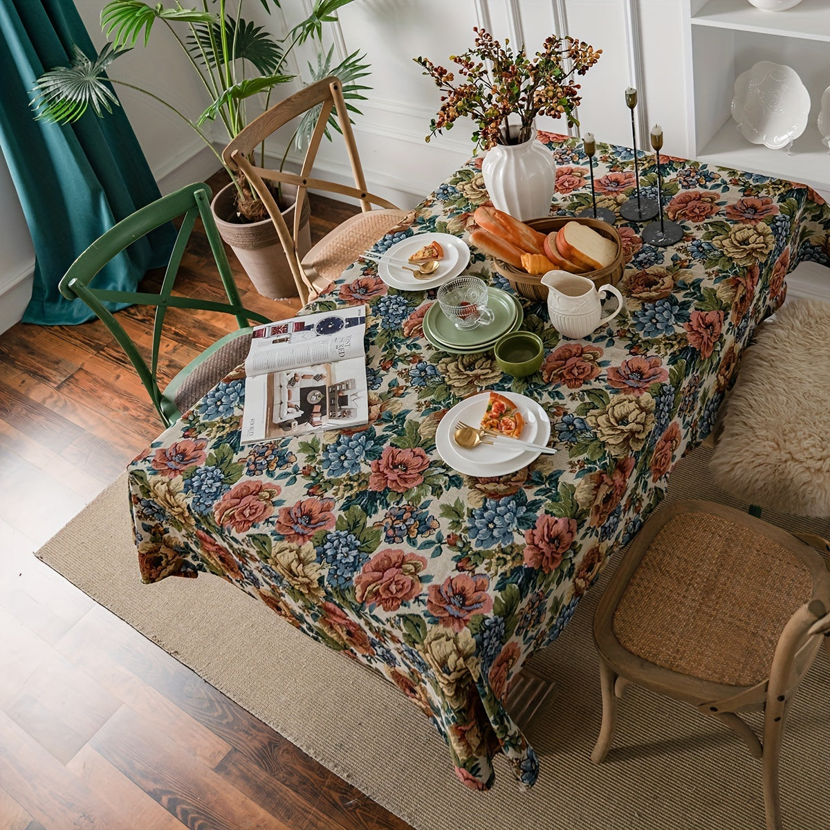 1pc Square Cotton Embroidered Tablecloth - Stylish American Design with Intricate Ball Flower Embroidery - Perfect for Christmas, Adds Elegance to Your Home Decor