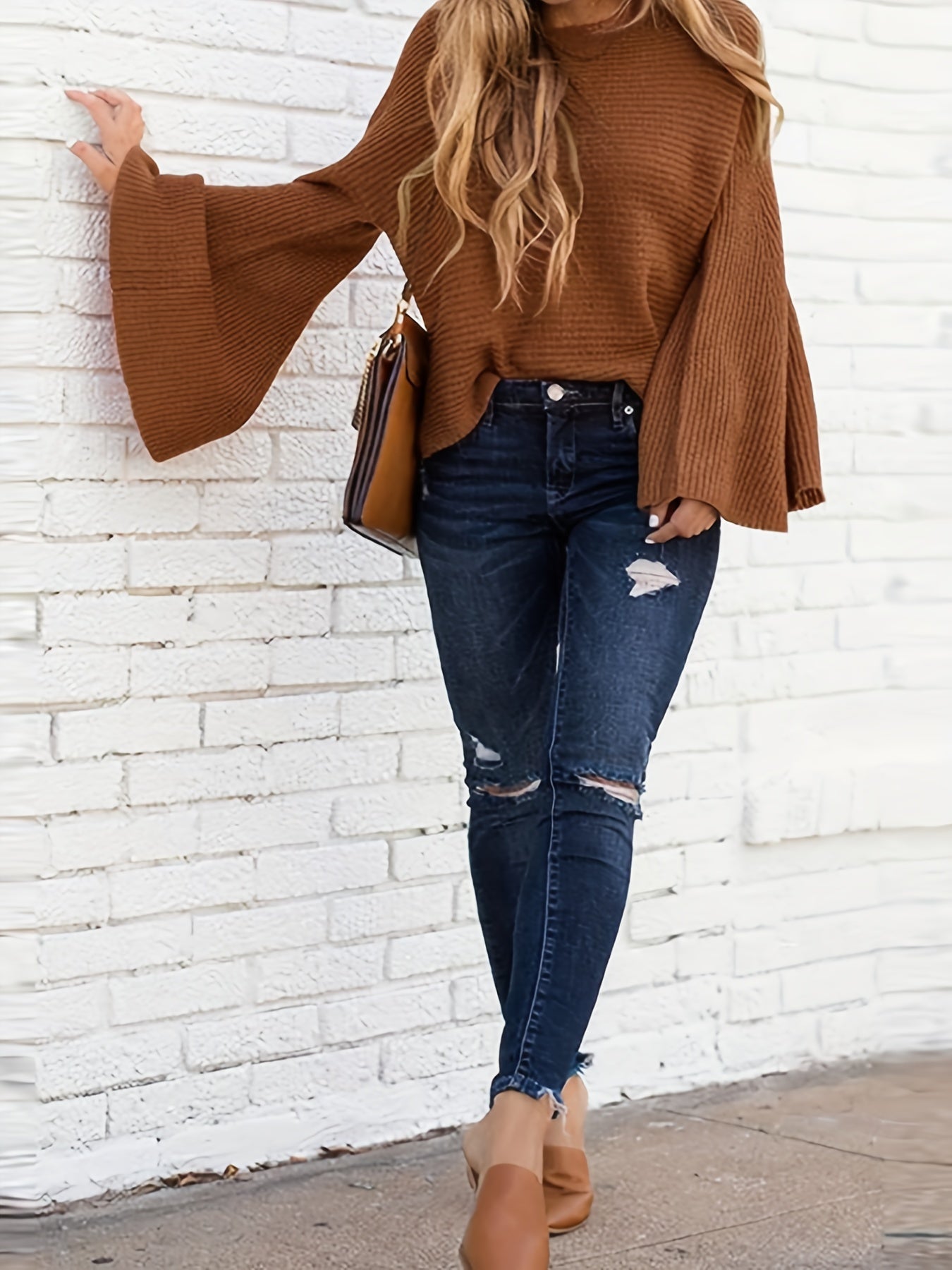 vlovelaw Solid Crew Neck Loose Sweater, Casual Bell Sleeve Fashion Sweater, Women's Clothing