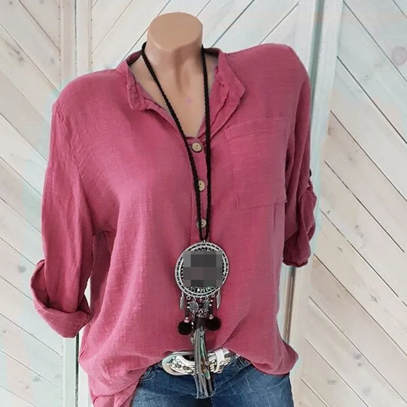 Womens Blouses Shirts Oversized Women Cotton Linen Blouse Autumn Casual Long Sleeve Button V Neck Loose Shirt Lady Tops 230519