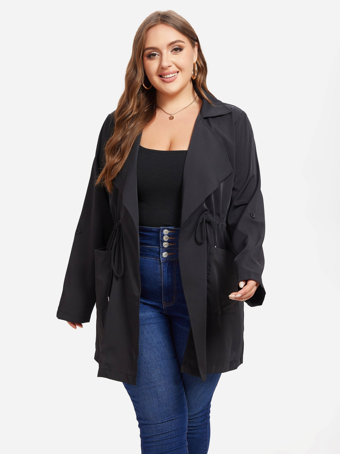 vlovelaw Plus Size Drawstring Pockets Coat, Casual Long Sleeve Lapel Coat For Fall, Women's Plus Size Clothing