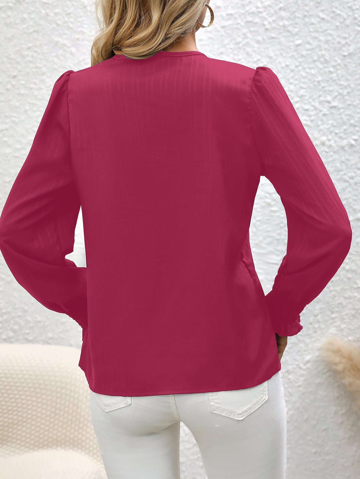 vlovelaw Stripe Textured V Neck Blouse, Casual Lettuce Cuff Long Sleeve Top For Spring & Fall, Women's Clothing