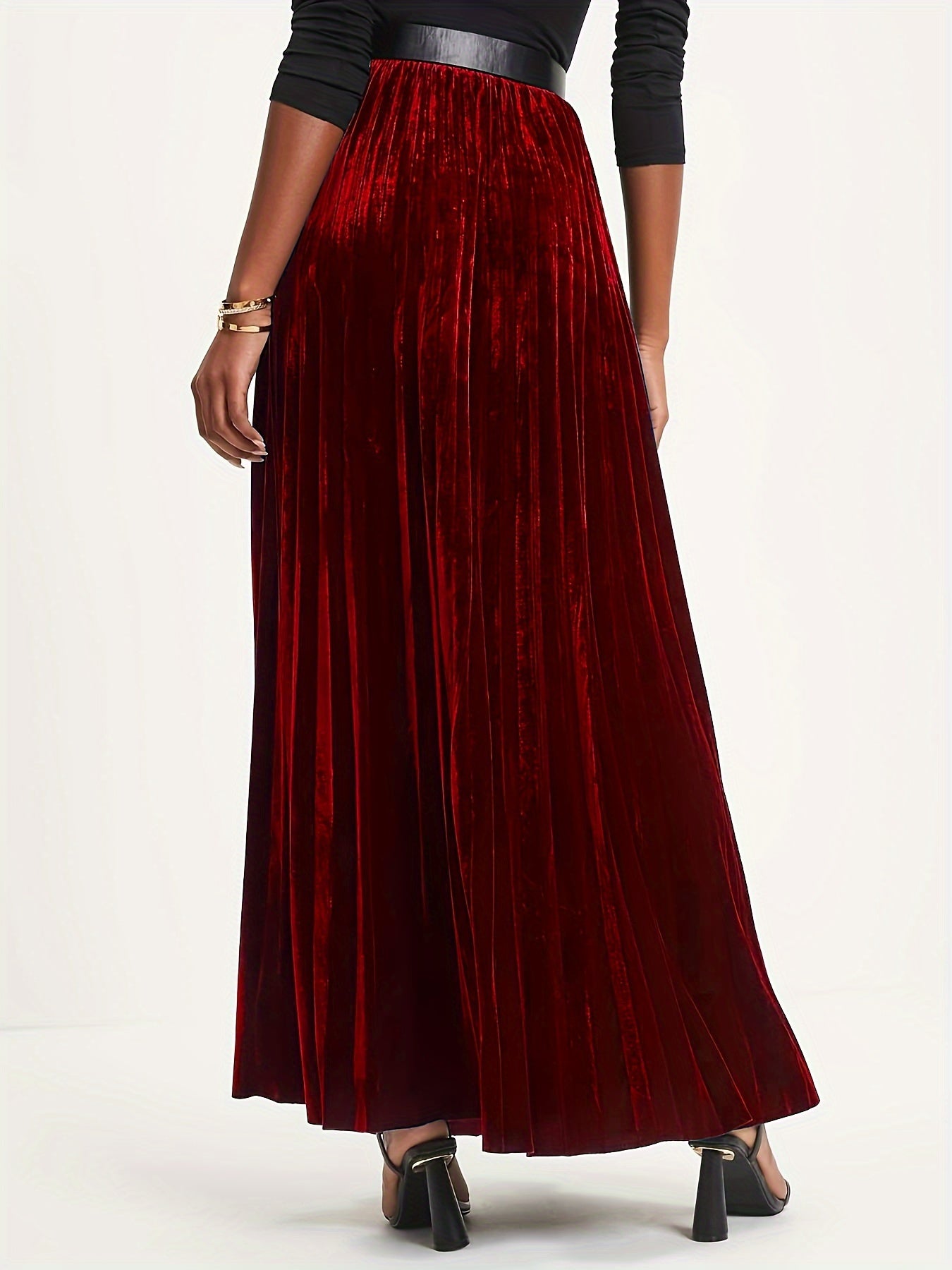 Plus Size Retro Skirt, Women's Plus Solid Velvet Elastic High Rise Maxi Pleated Skirt