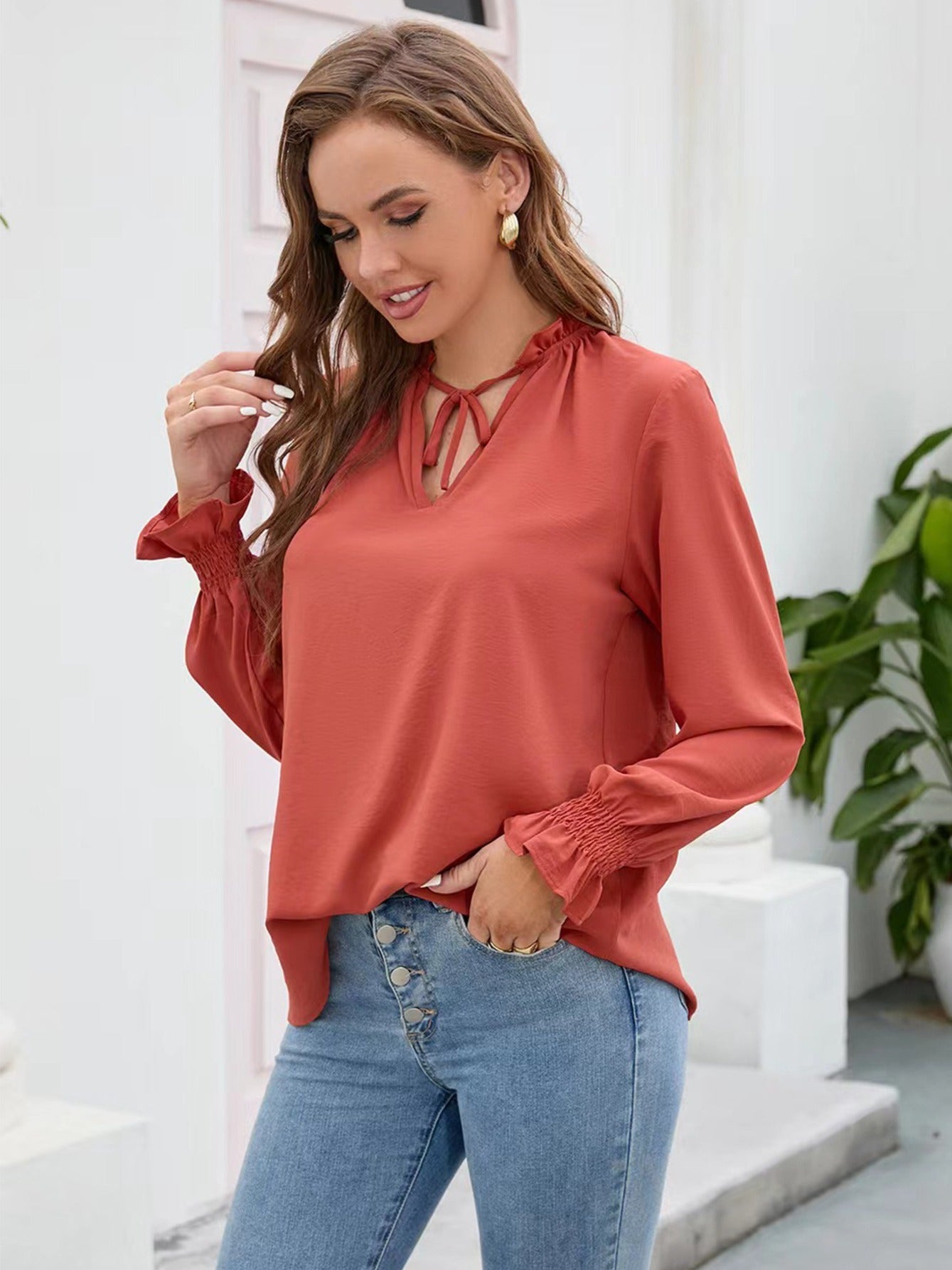 vlovelaw V Neck Chiffon Solid Breathable Blouse